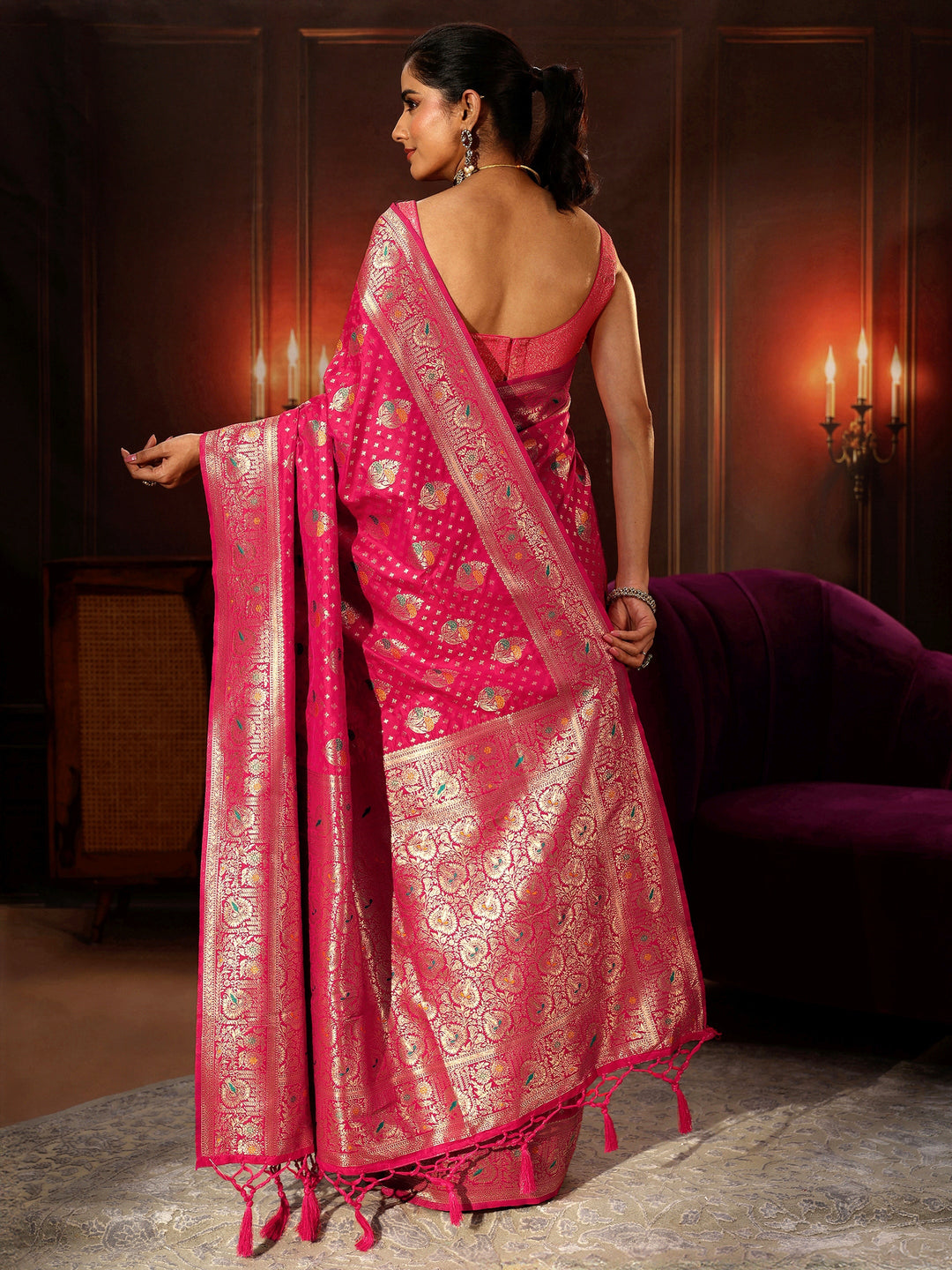  Libas Rani Pink Banarasi Silk Blend Saree 