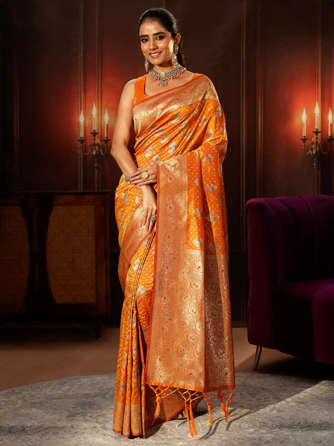 Libas Orange Banarasi Silk Blend Saree 