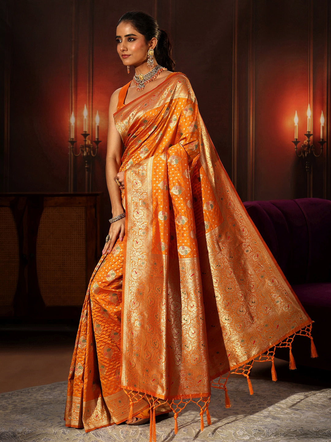  Libas Orange Banarasi Silk Blend Saree 