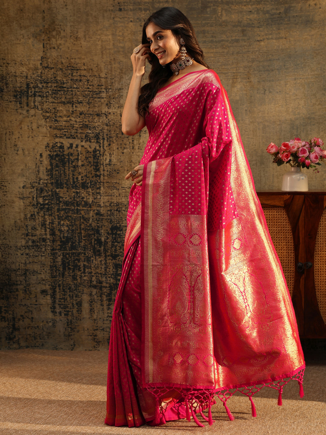  Libas Rani Pink Banarasi Silk Blend Saree 