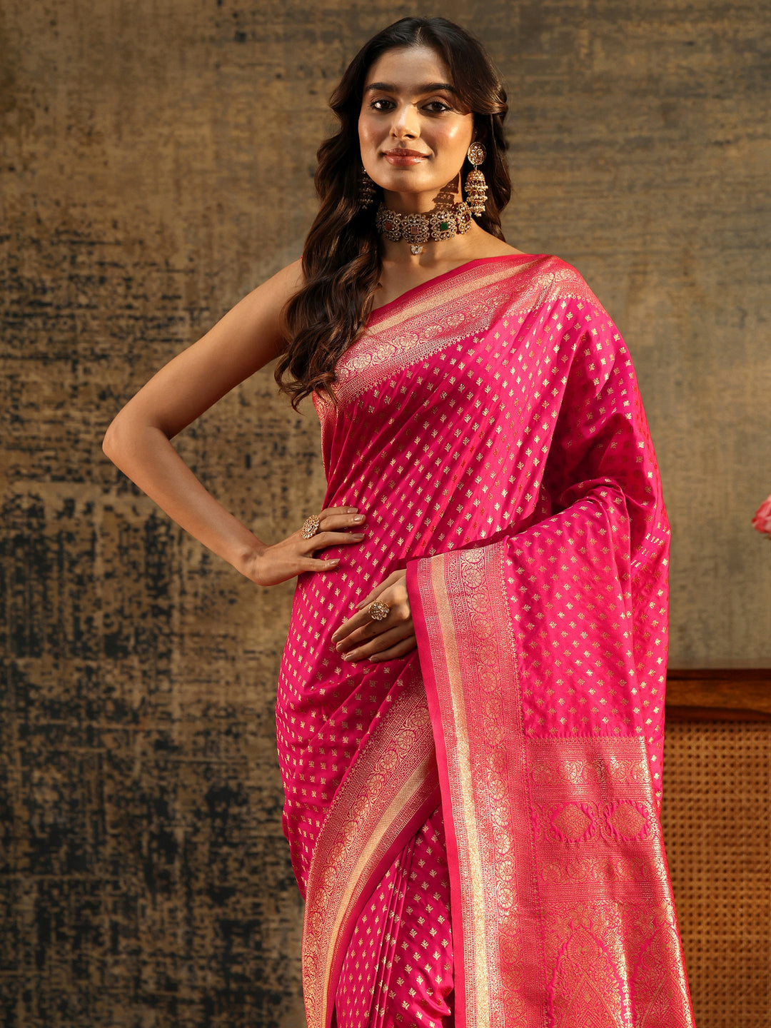  Libas Rani Pink Banarasi Silk Blend Saree 