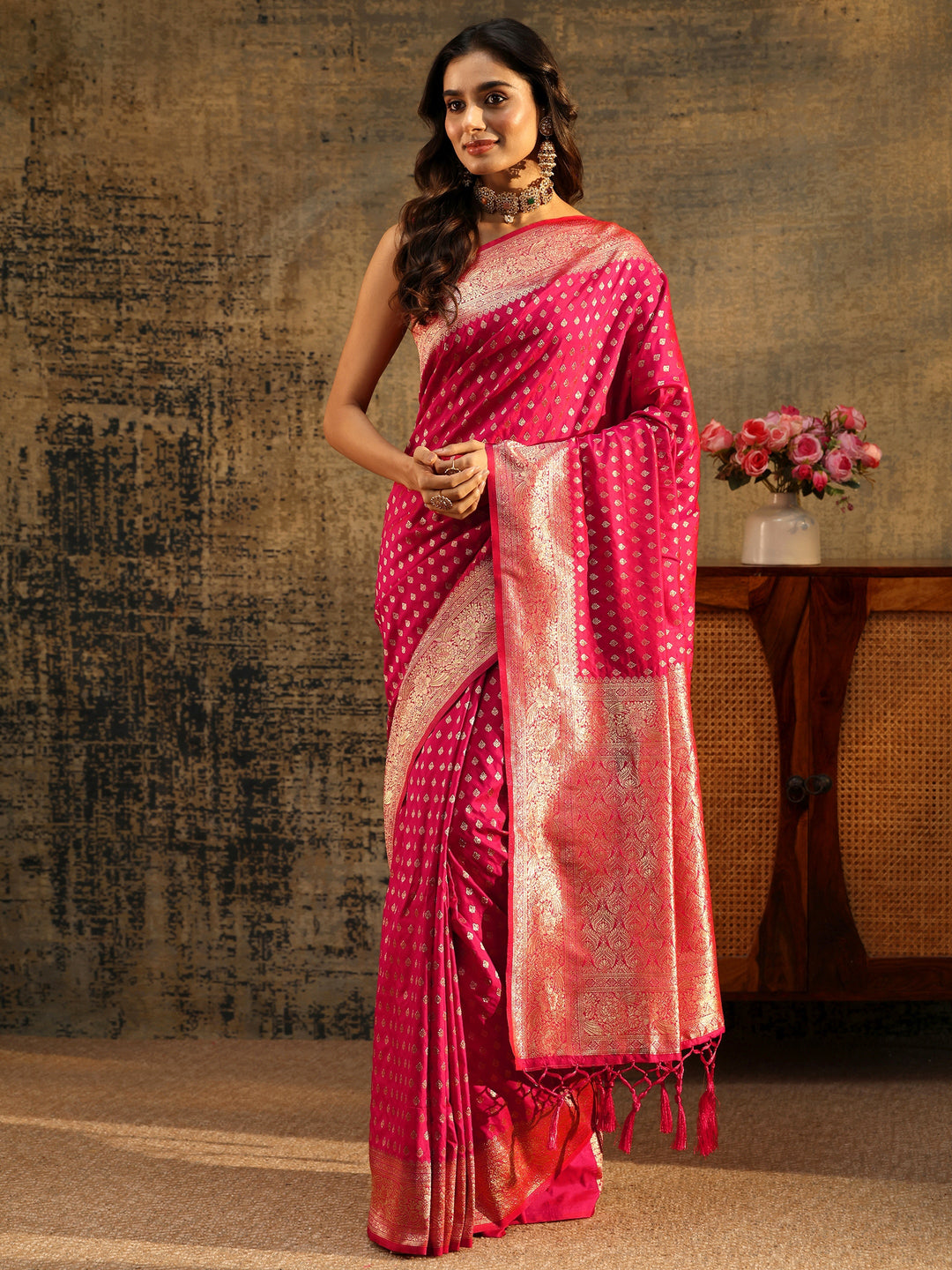  Libas Rani Pink Banarasi Silk Blend Saree 