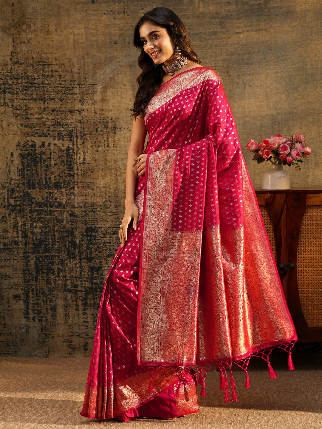  Libas Rani Pink Banarasi Silk Blend Saree 