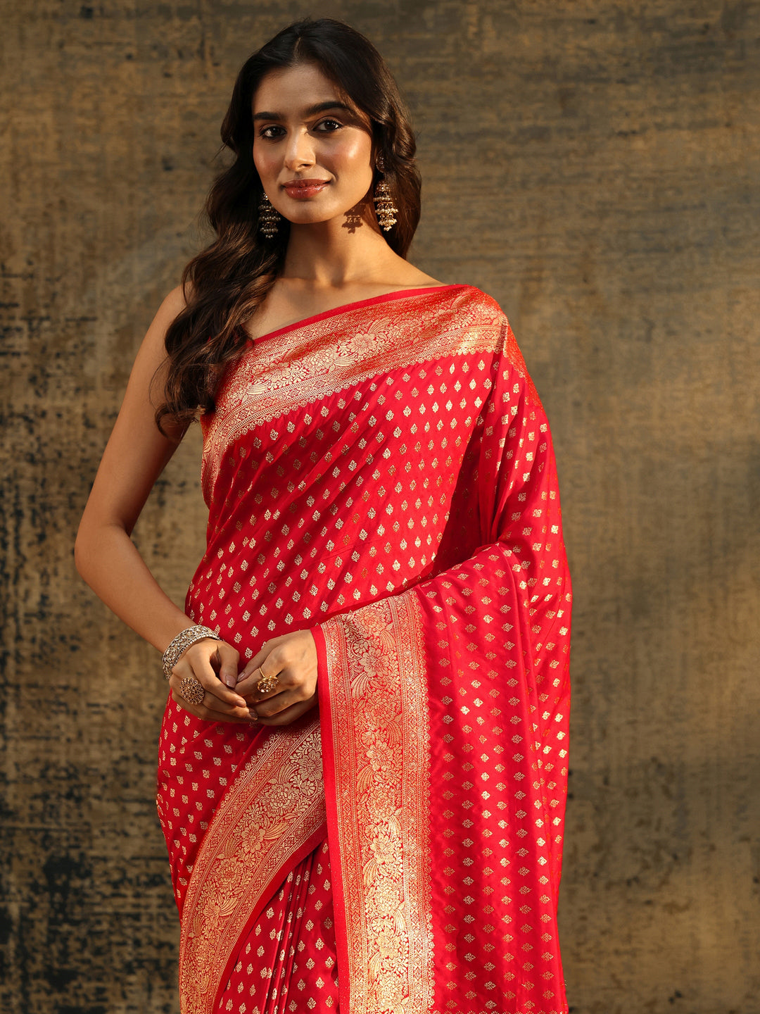  Libas Vermilion Red Banarasi Silk Blend Saree 