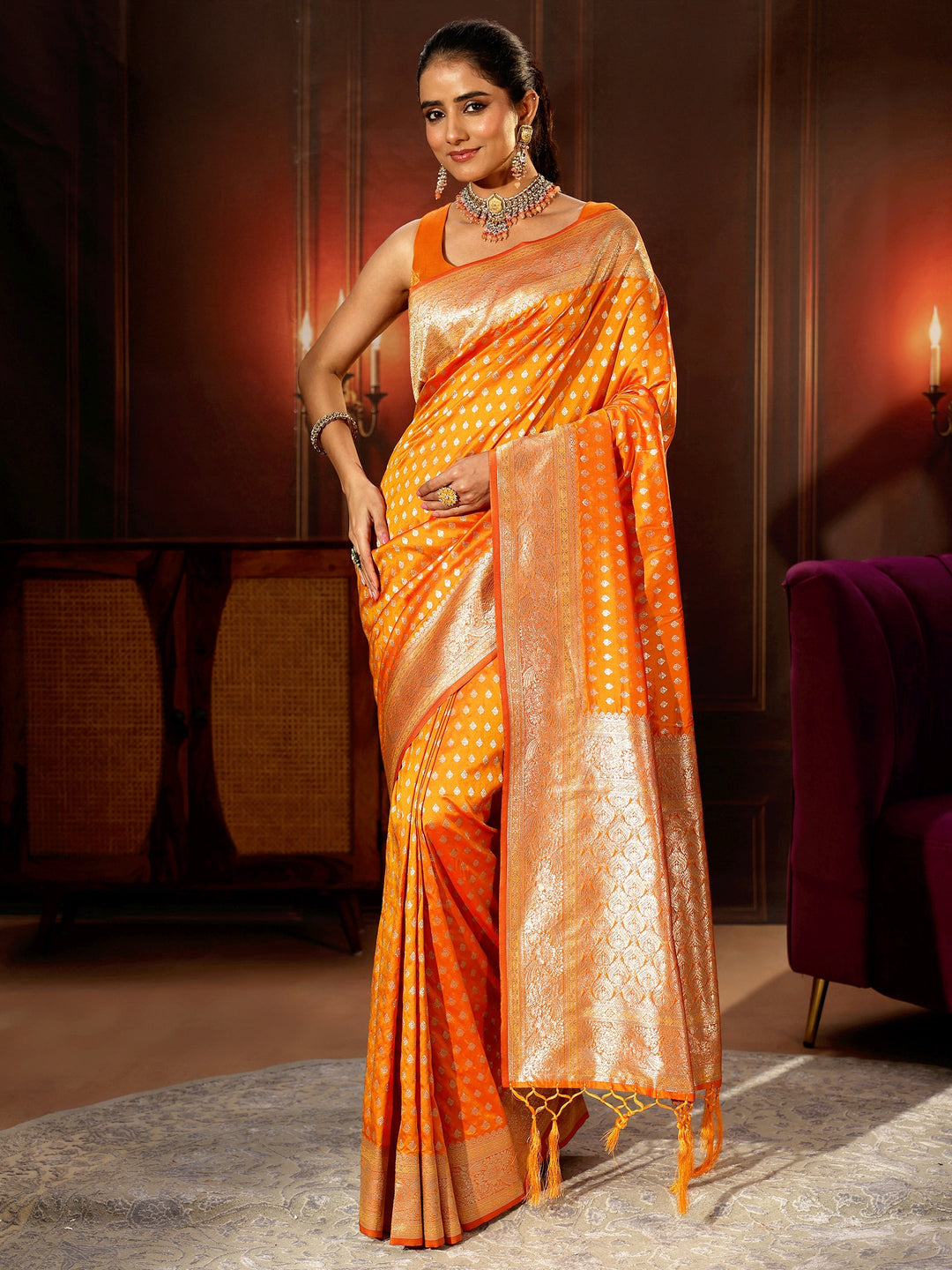  Libas Orange Banarasi Silk Blend Saree 