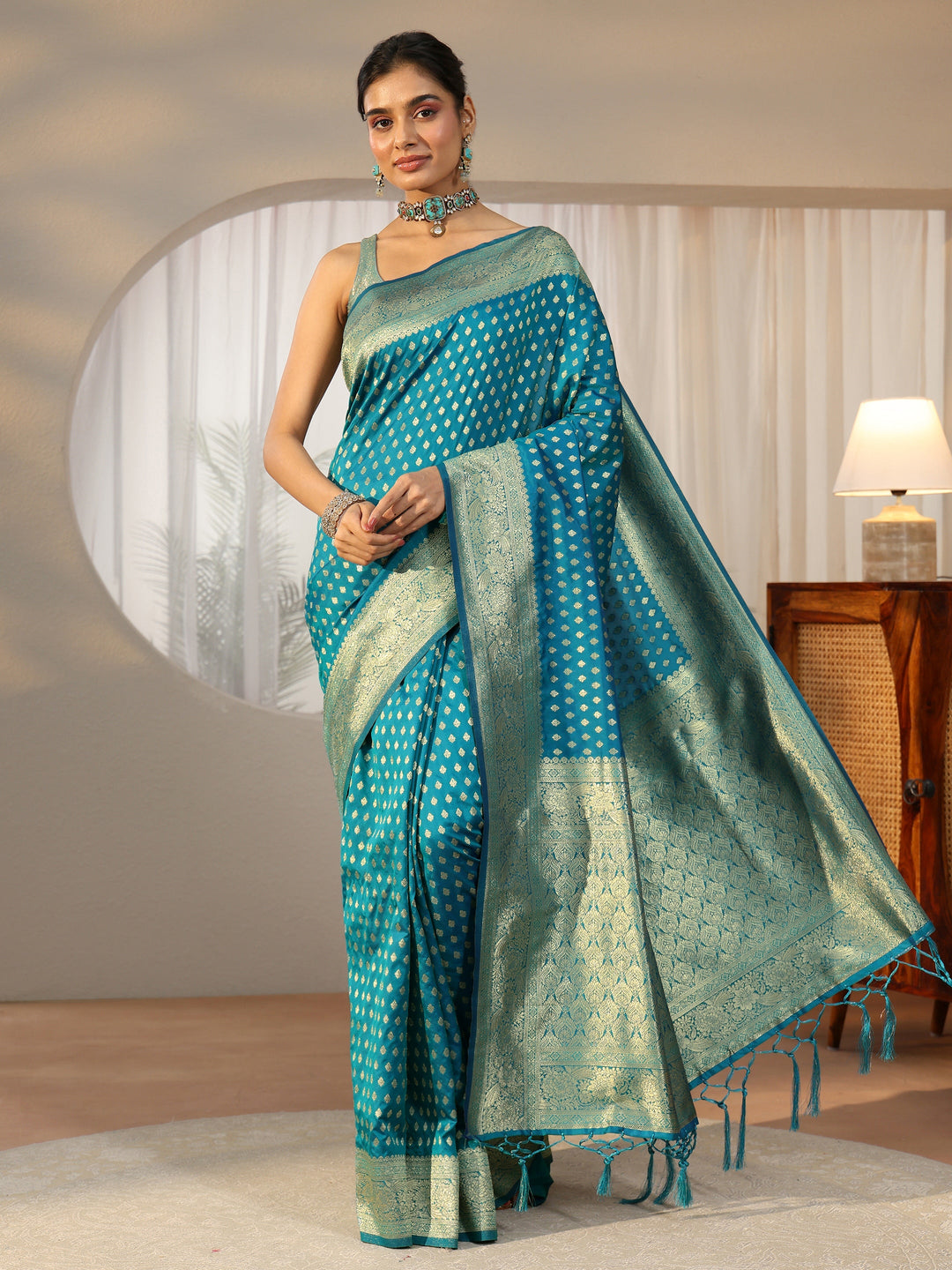  Libas Teal Blue Banarasi Silk Blend Saree 
