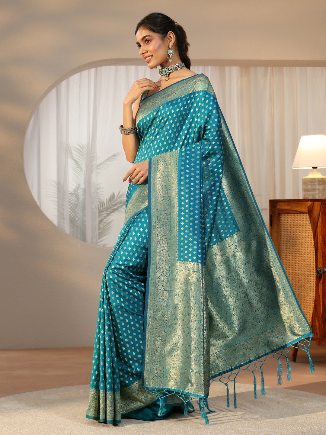  Libas Teal Blue Banarasi Silk Blend Saree 