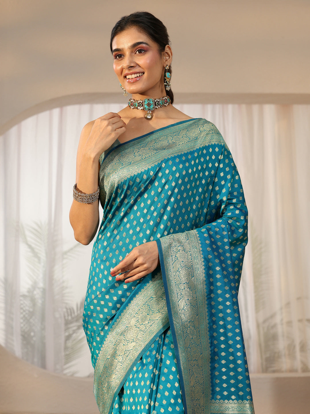  Libas Teal Blue Banarasi Silk Blend Saree 