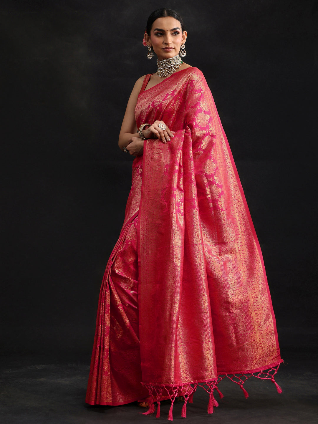  Libas Rani Pink Banarasi Silk Blend Saree 
