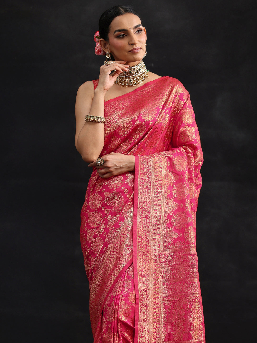  Libas Rani Pink Banarasi Silk Blend Saree 