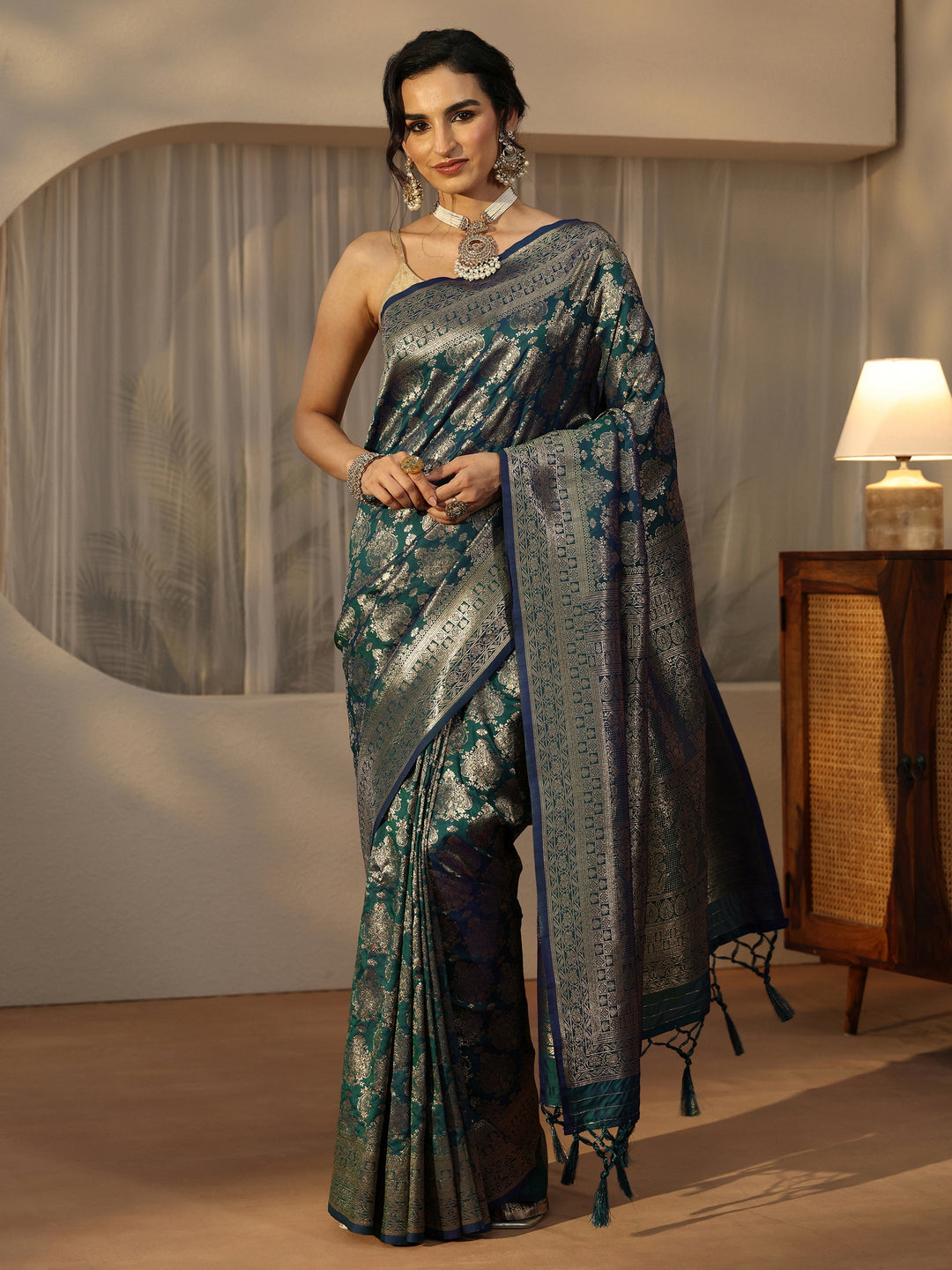  Libas Teal Blue Banarasi Silk Blend Saree 