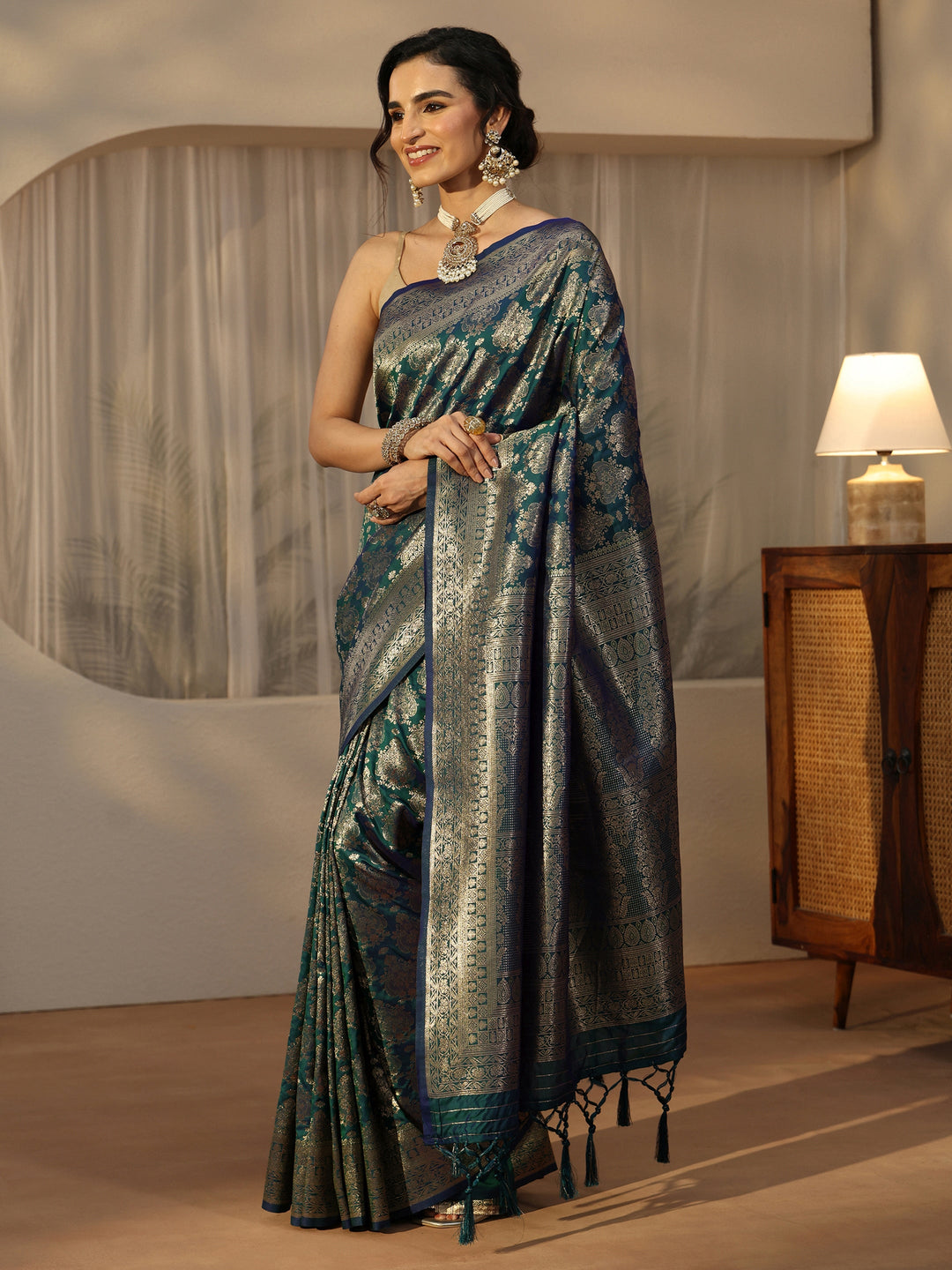  Libas Teal Blue Banarasi Silk Blend Saree 