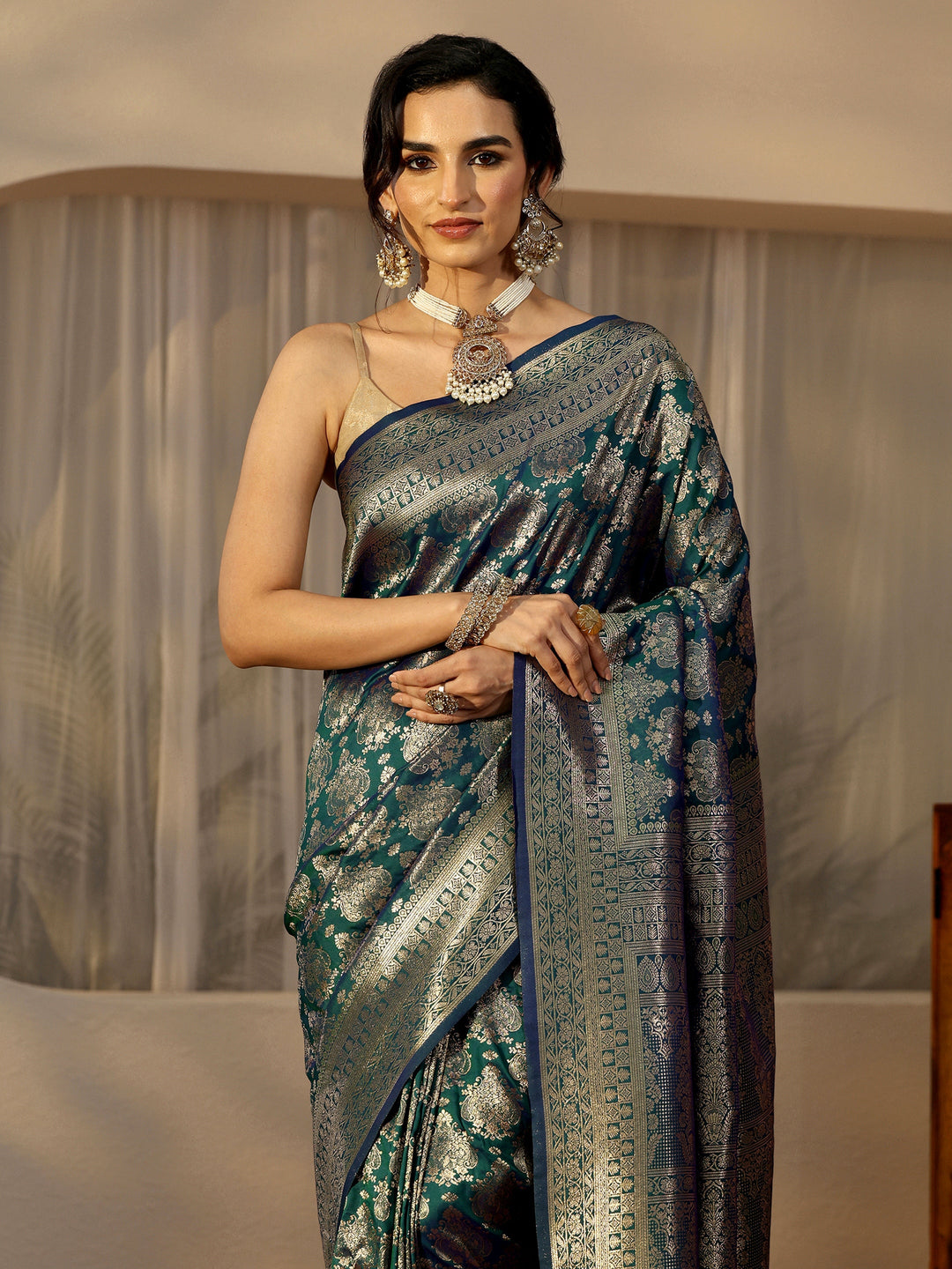  Libas Teal Blue Banarasi Silk Blend Saree 