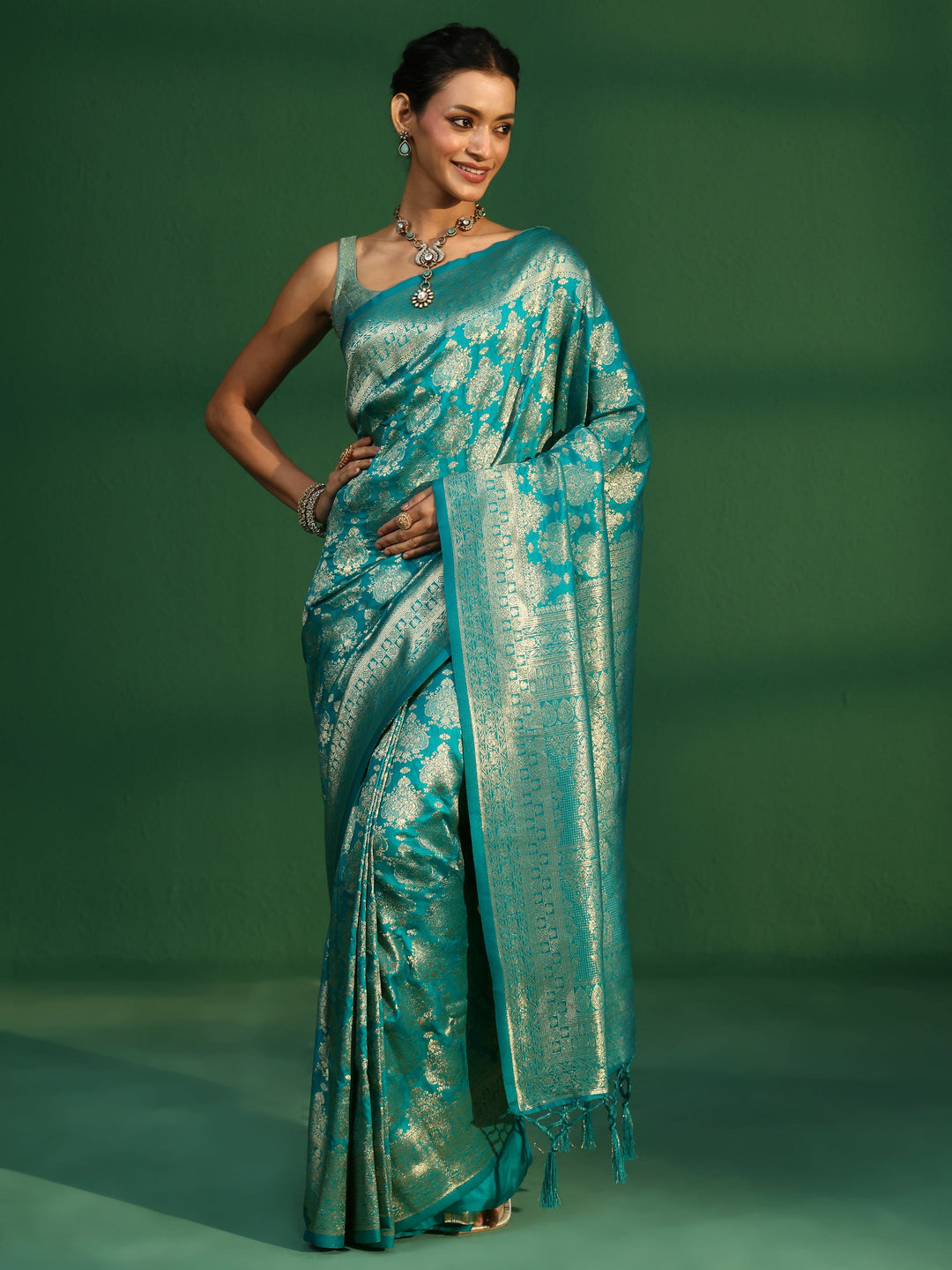  Libas Sea Green Banarasi Silk Blend Saree 