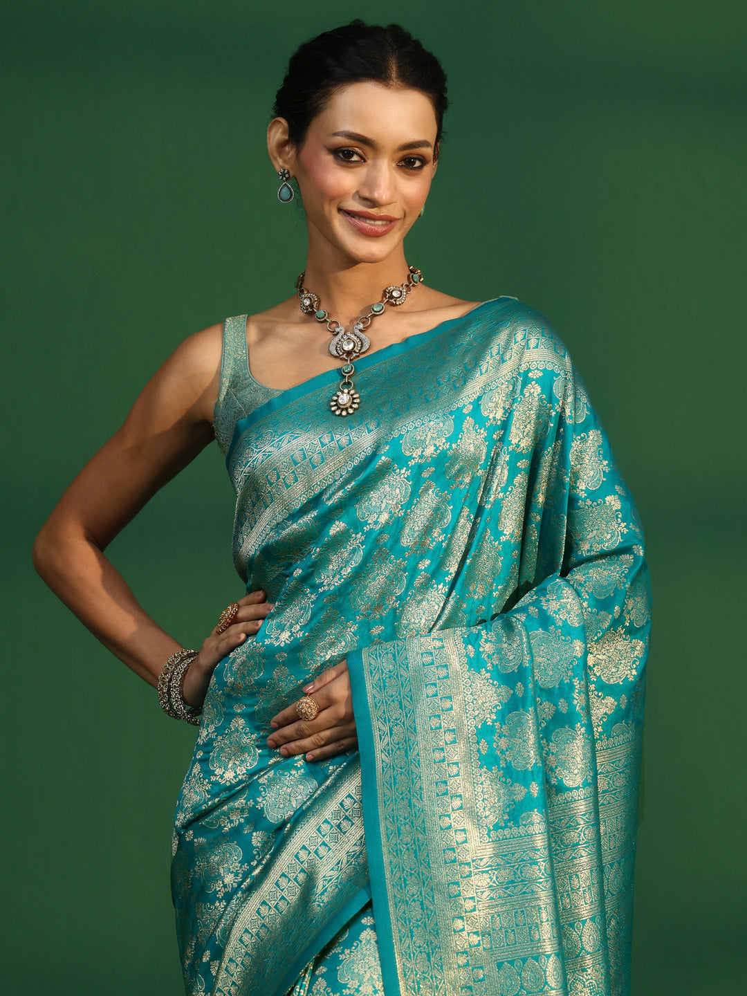 Libas Sea Green Banarasi Silk Blend Saree 