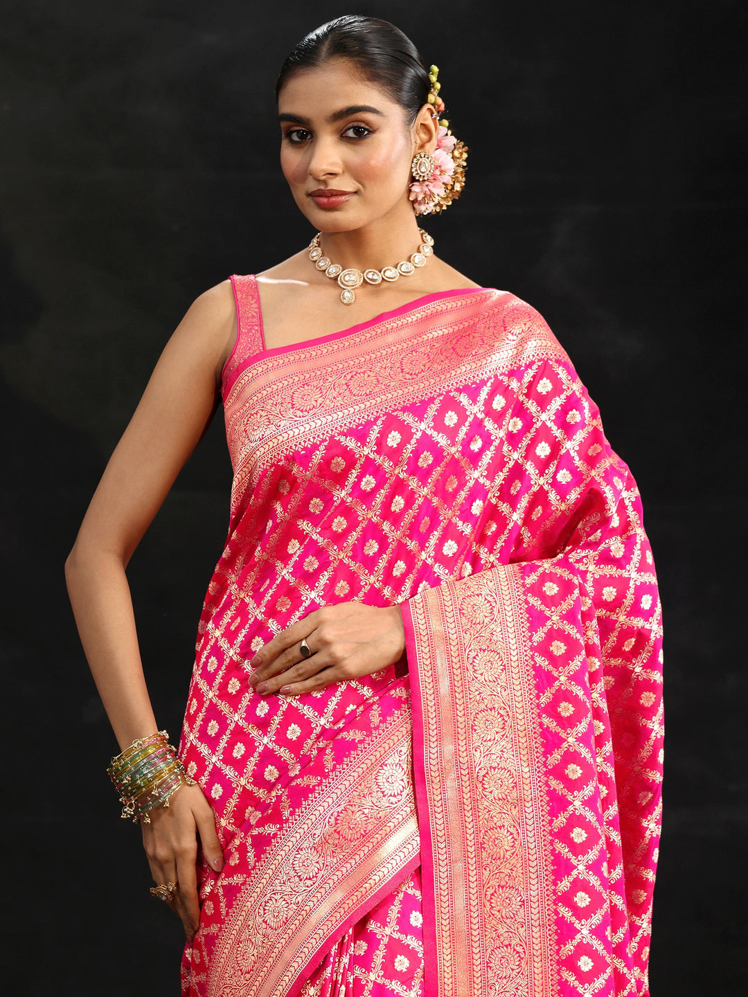  Libas Rani Pink Banarasi Silk Blend Saree 