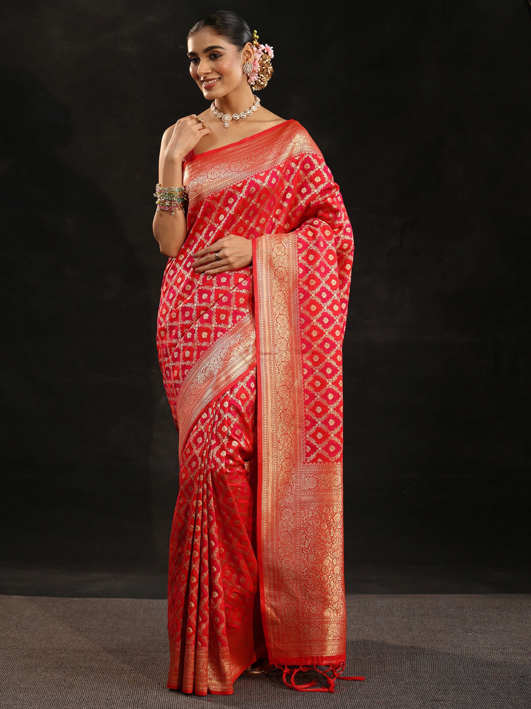  Libas Vermilion Red Banarasi Silk Blend Saree 