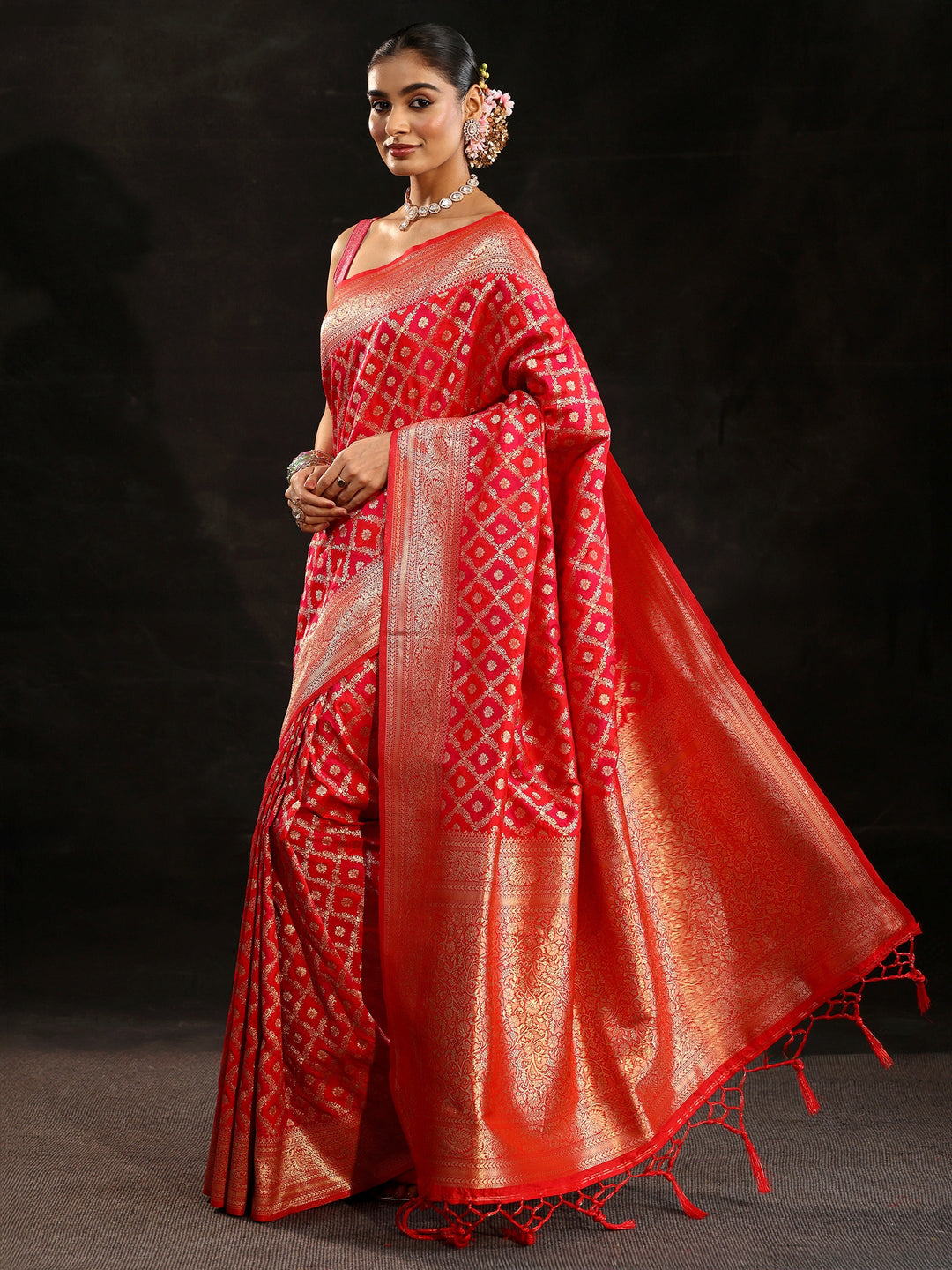  Libas Vermilion Red Banarasi Silk Blend Saree 