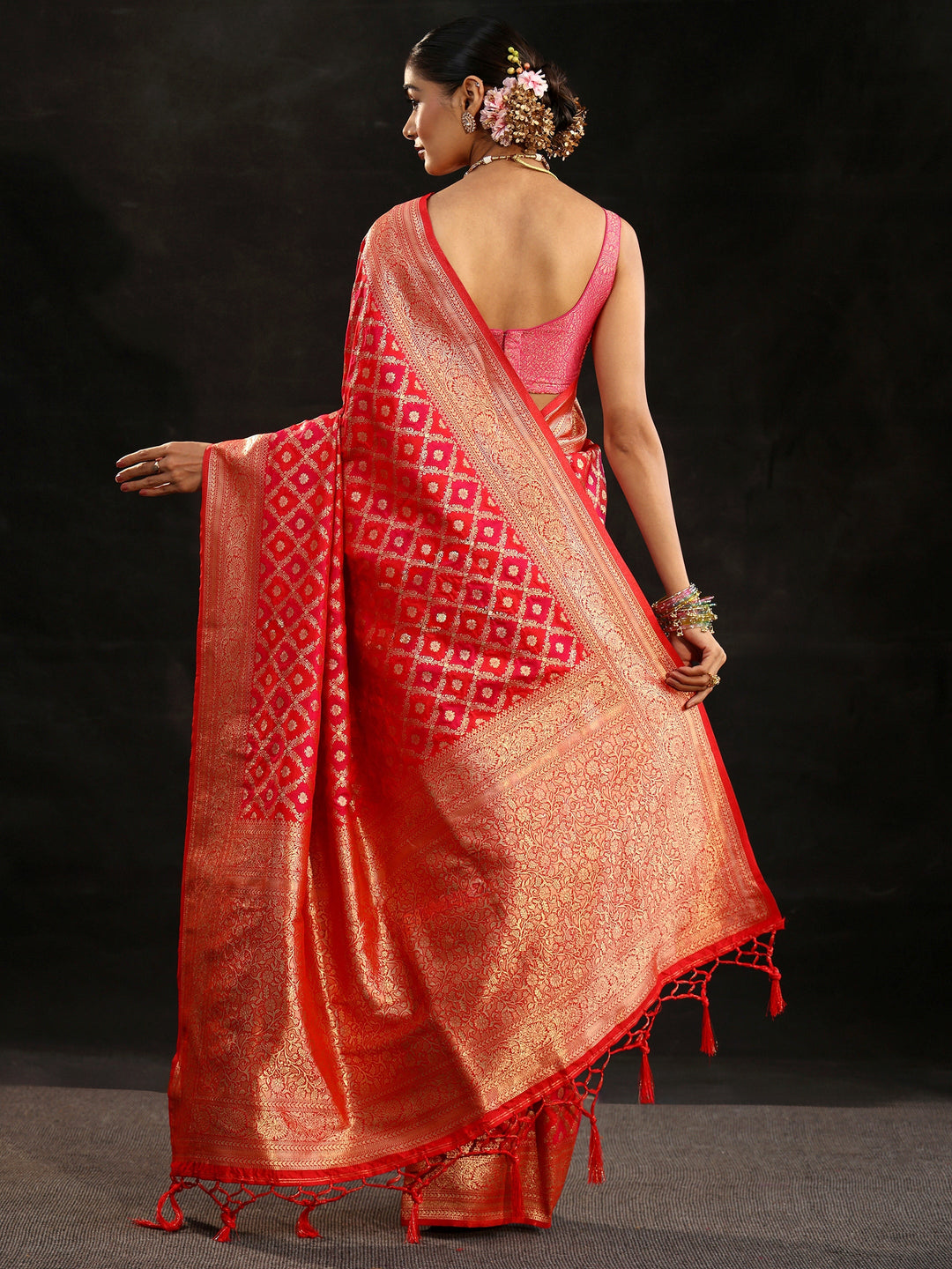  Libas Vermilion Red Banarasi Silk Blend Saree 