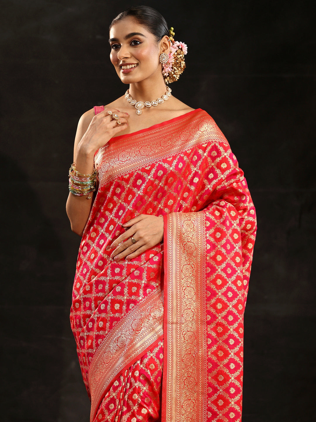  Libas Vermilion Red Banarasi Silk Blend Saree 