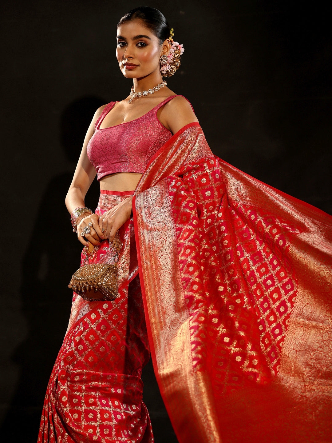  Libas Vermilion Red Banarasi Silk Blend Saree 