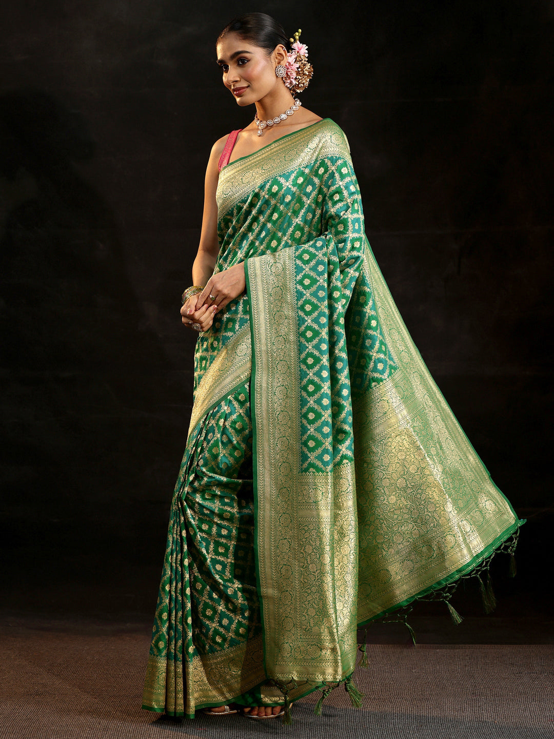  Libas Sea Green Banarasi Silk Blend Saree 