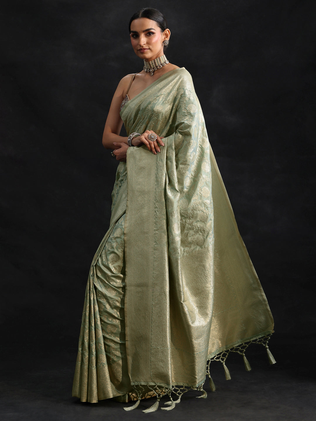  Libas Mint Green Banarasi Silk Blend Saree 