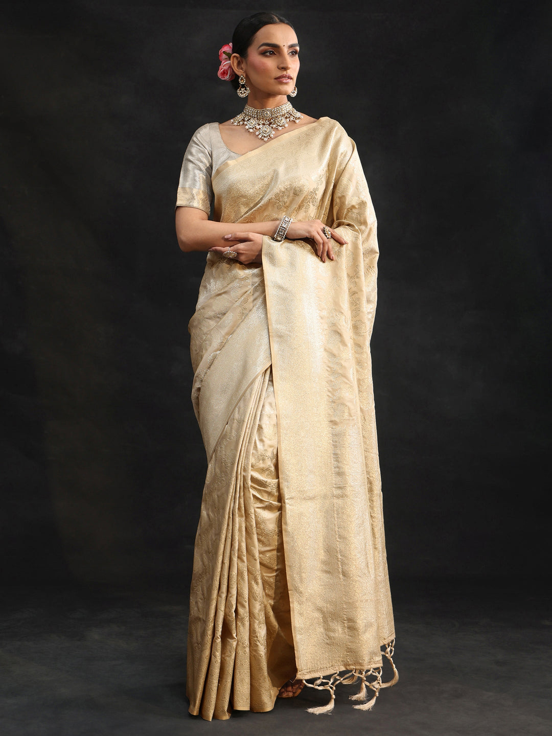  Libas Cream Banarasi Silk Blend Saree 