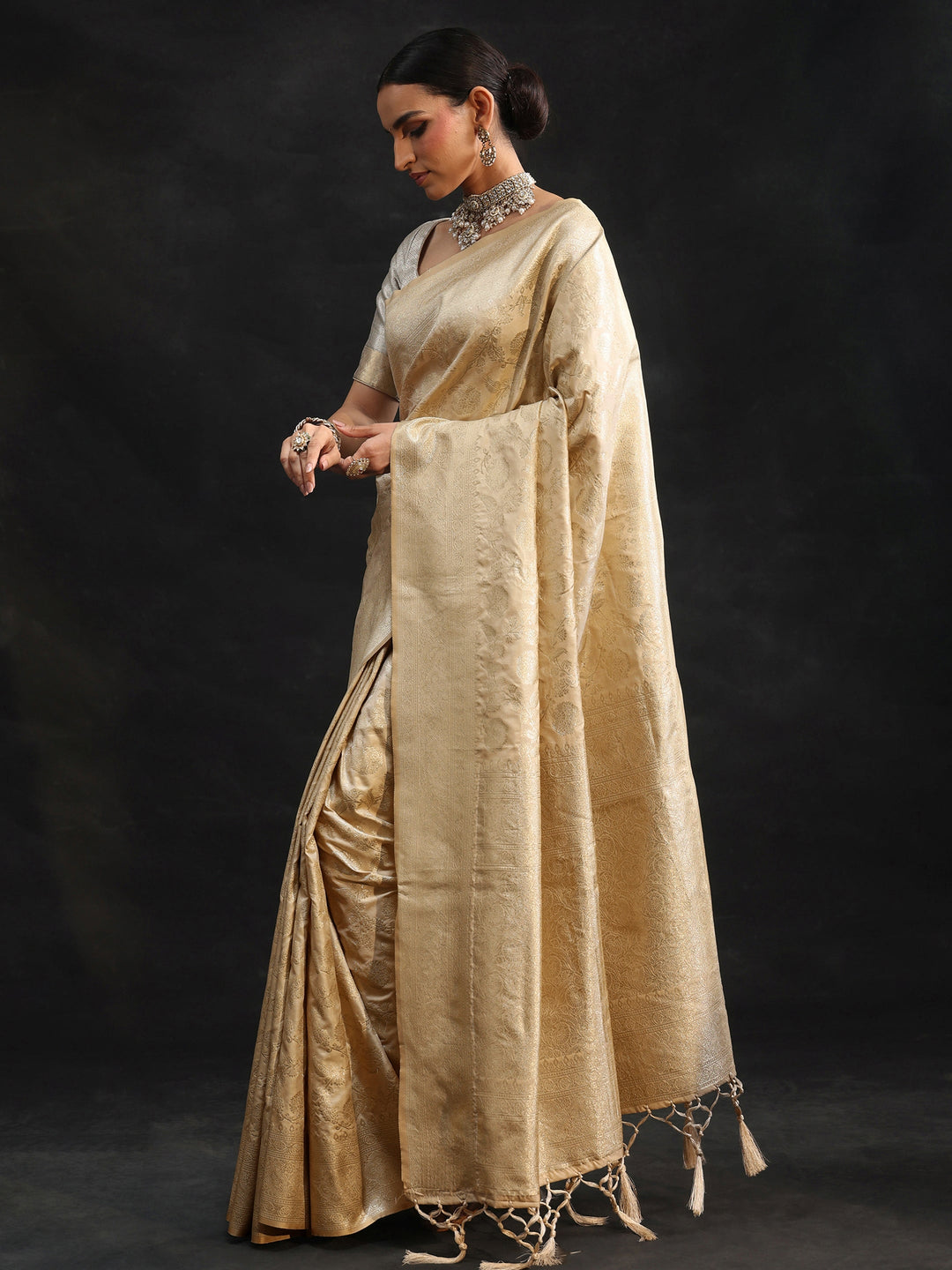  Libas Cream Banarasi Silk Blend Saree 