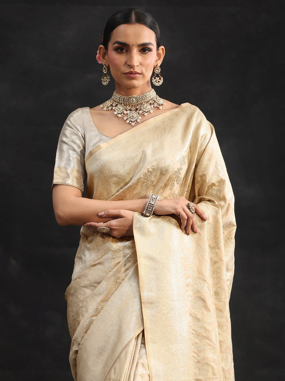 Libas Cream Banarasi Silk Blend Saree 