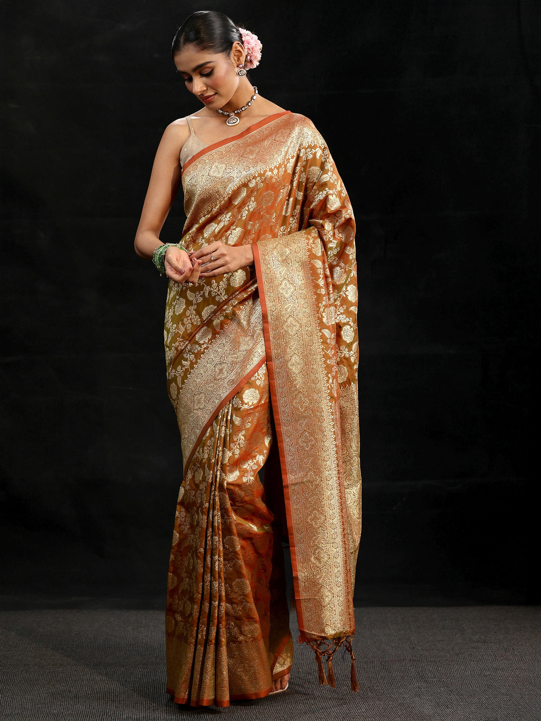 Libas Rust Brown Banarasi Silk Blend Saree 
