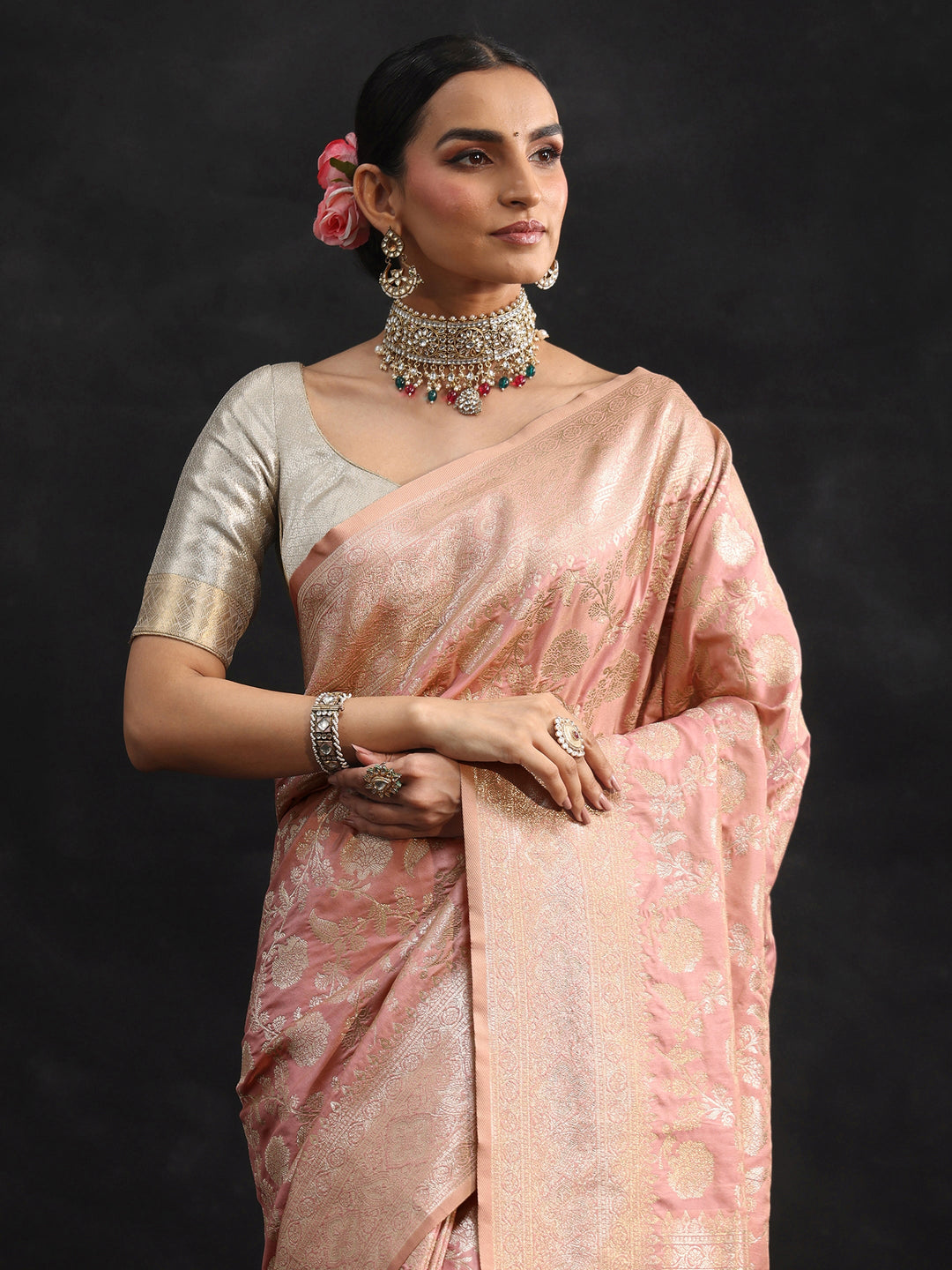  Libas Baby Pink Banarasi Silk Blend Saree 
