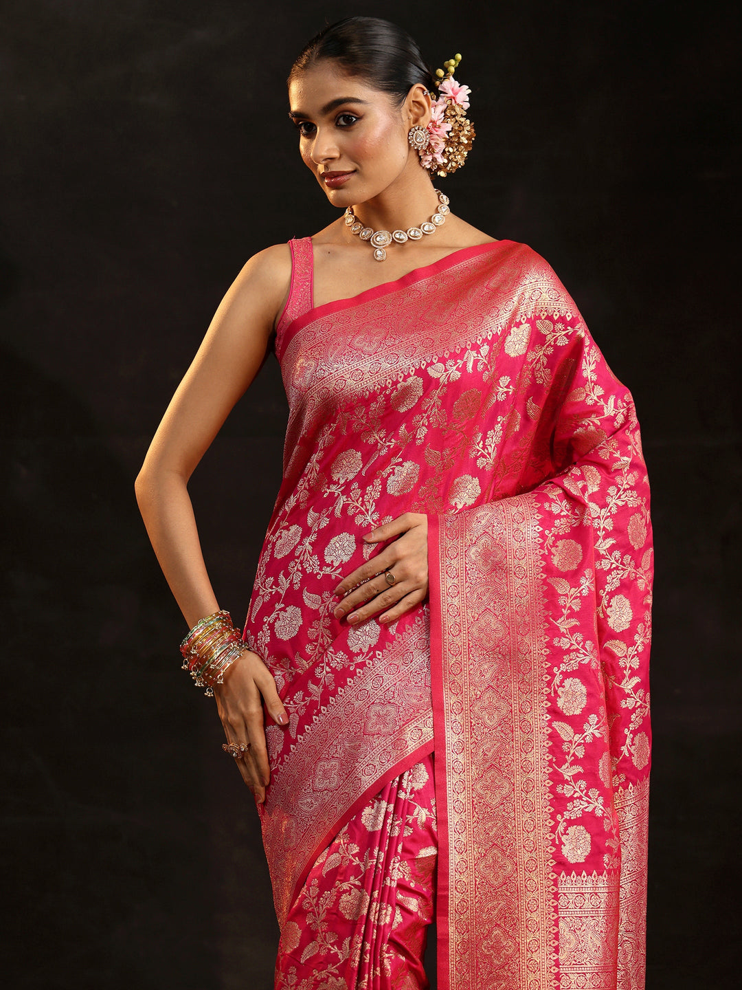  Libas Rani Pink Banarasi Silk Blend Saree 