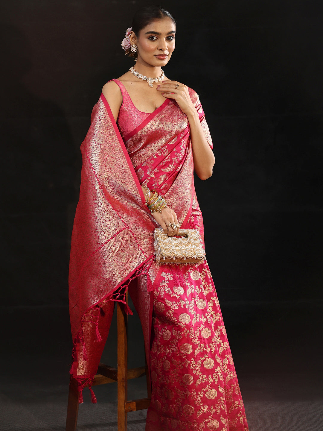  Libas Rani Pink Banarasi Silk Blend Saree 