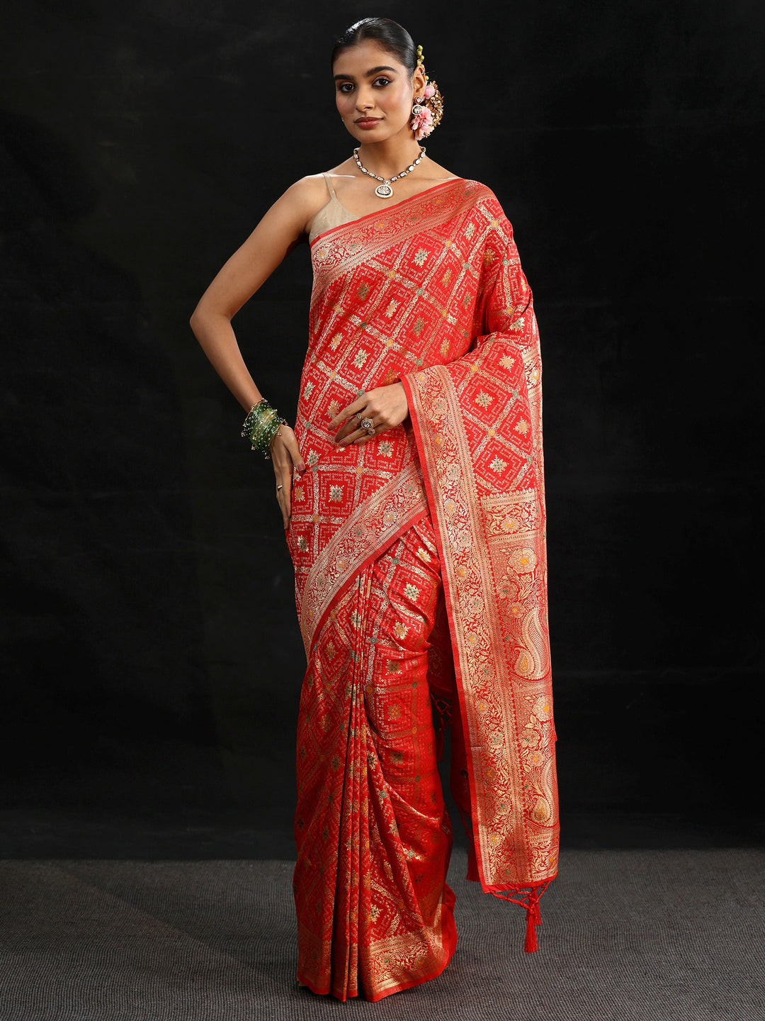  Libas Vermilion Red Gharchola Silk Blend Saree 