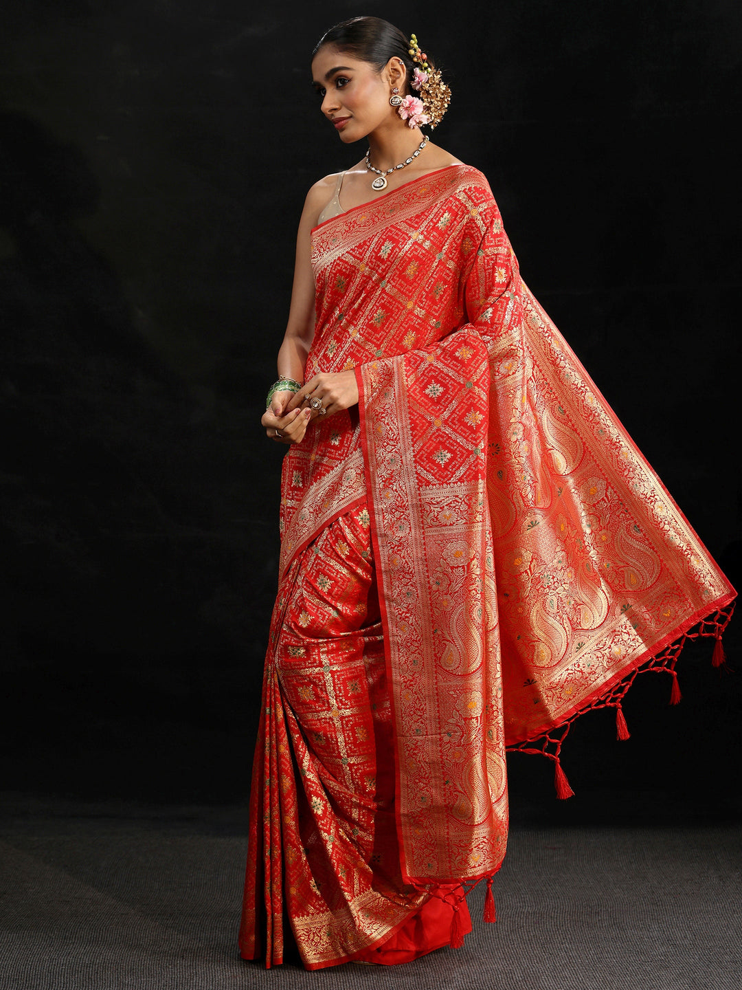  Libas Vermilion Red Gharchola Silk Blend Saree 