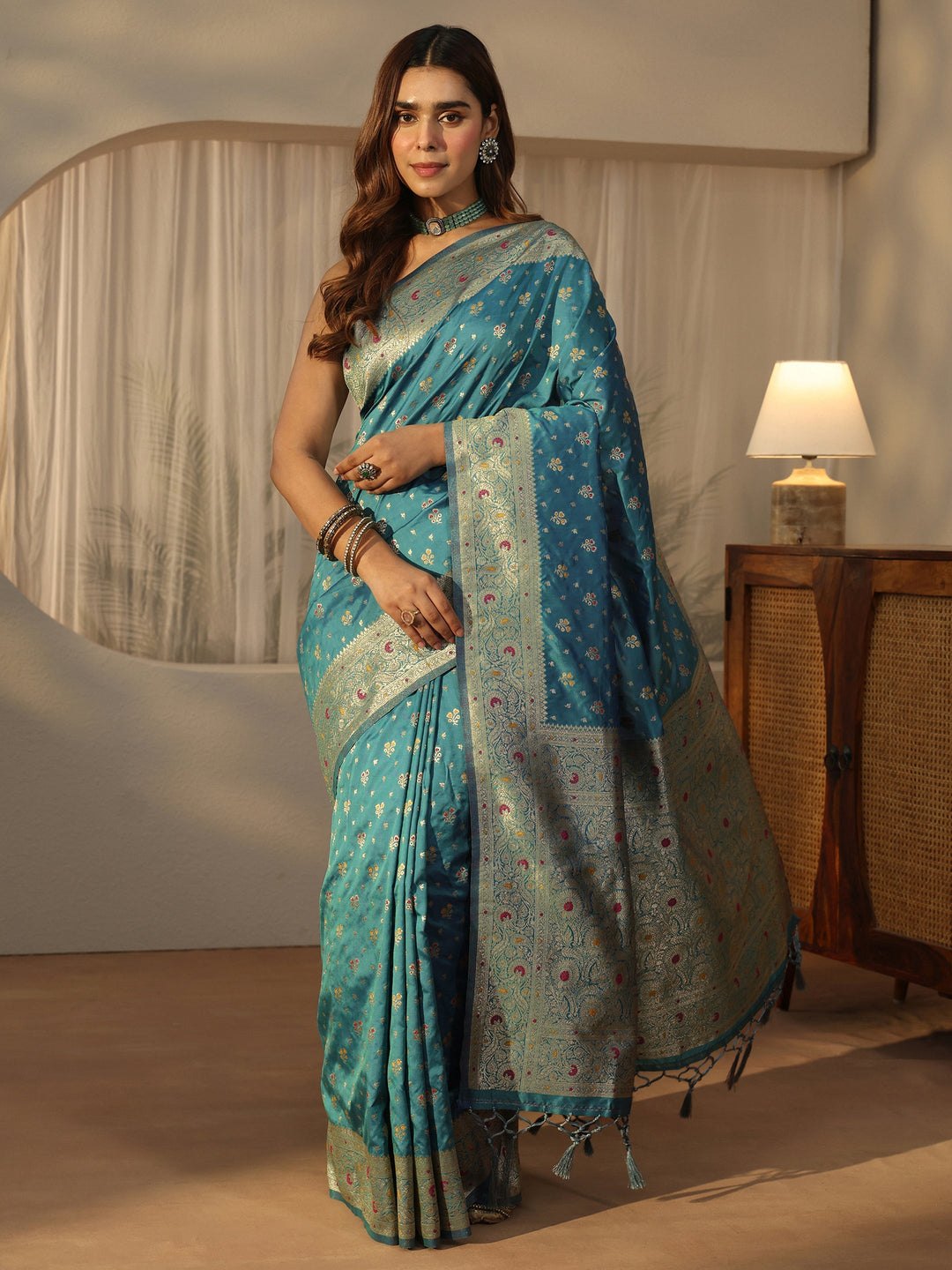  Libas Cerulean Blue Banarasi Silk Blend Saree 