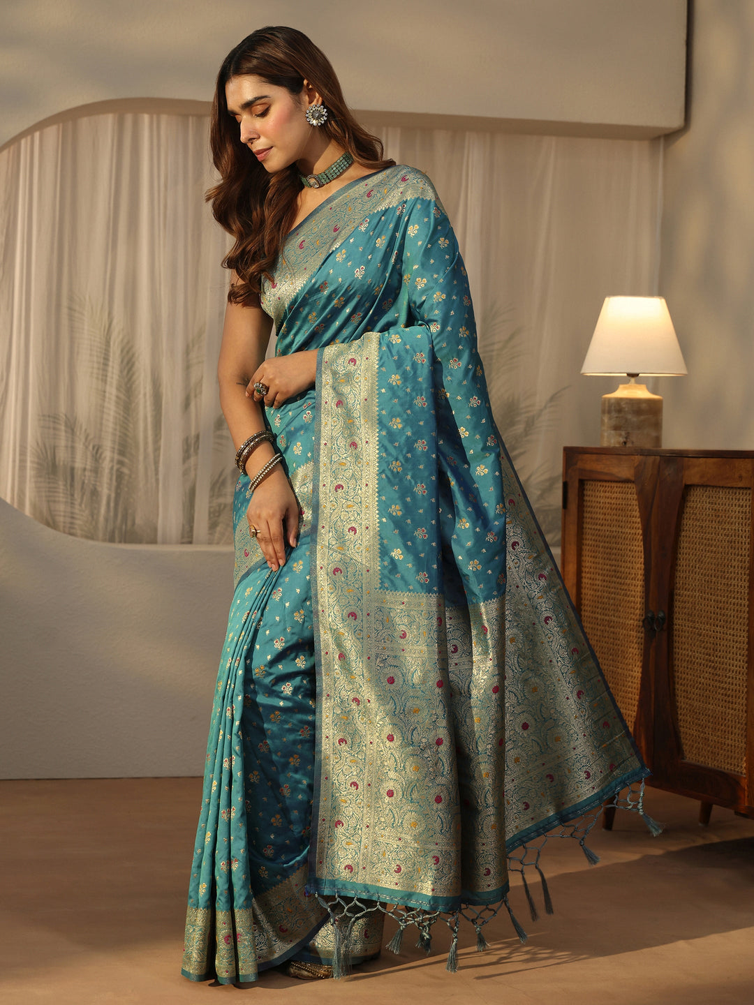  Libas Cerulean Blue Banarasi Silk Blend Saree 