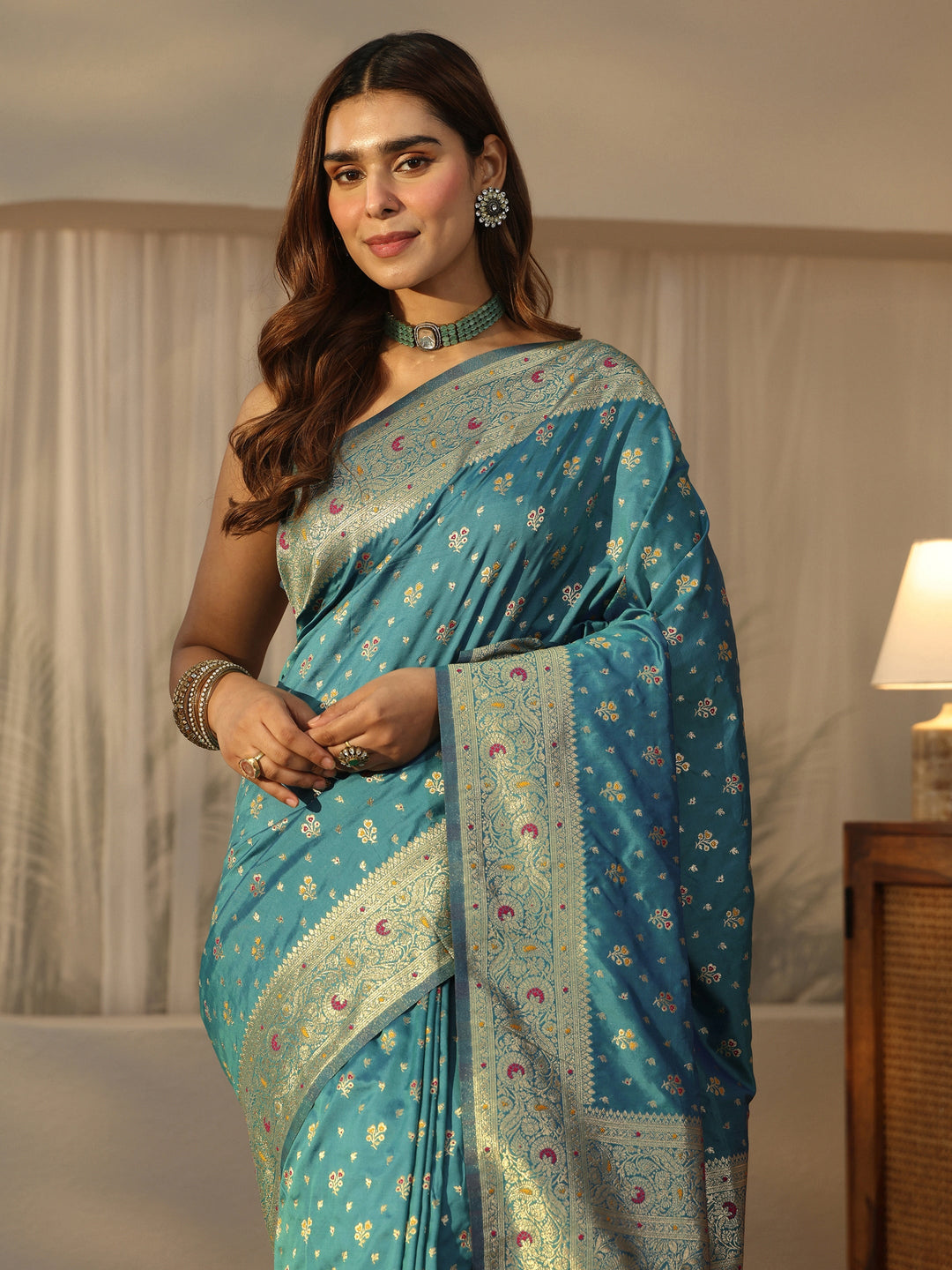  Libas Cerulean Blue Banarasi Silk Blend Saree 