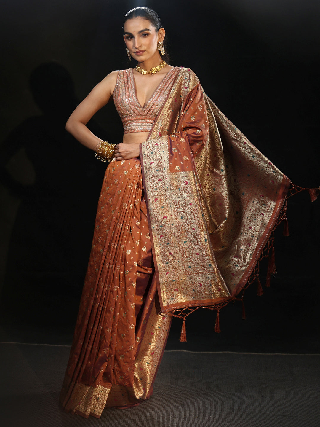  Libas Rust Brown Banarasi Silk Blend Saree 