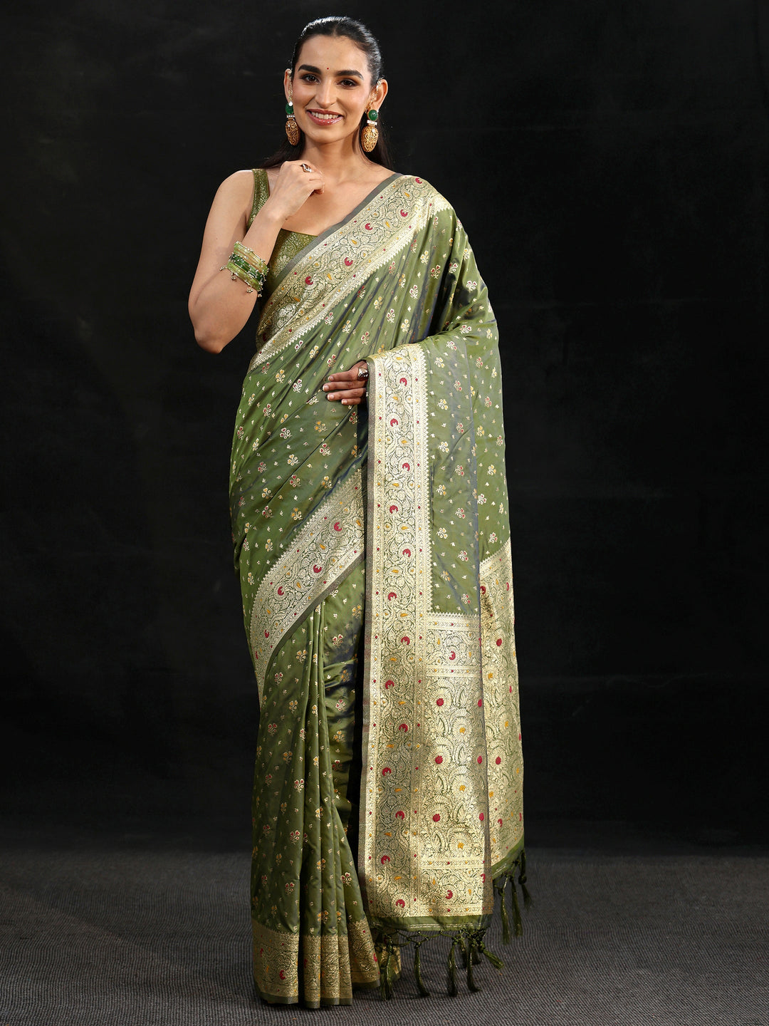  Libas Olive Green Banarasi Silk Blend Saree 