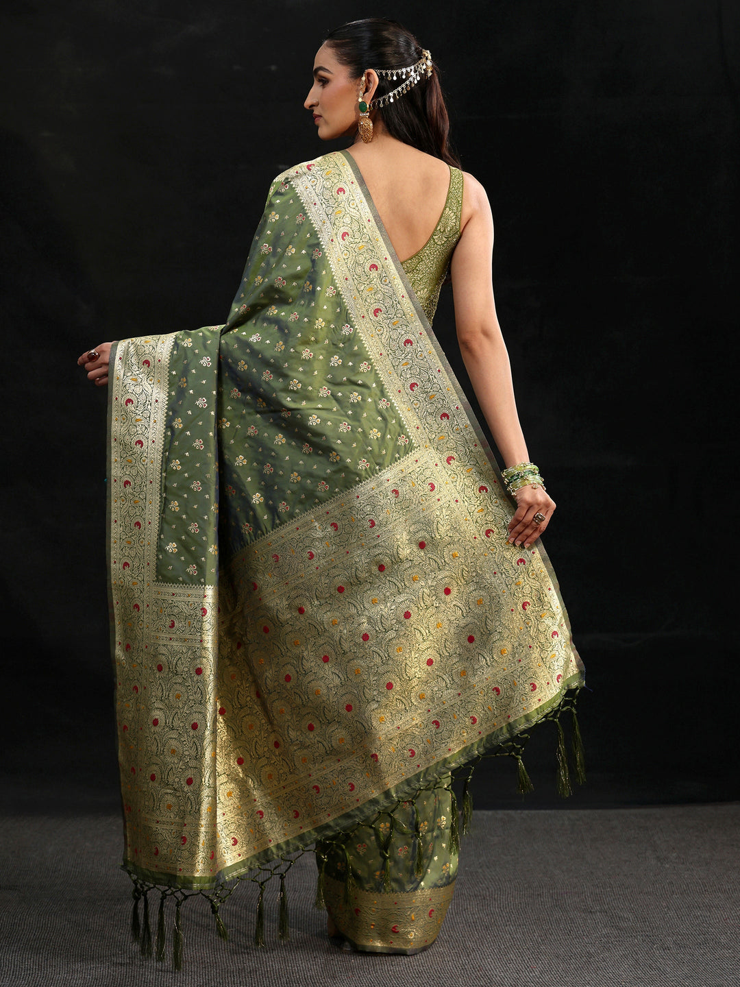  Libas Olive Green Banarasi Silk Blend Saree 
