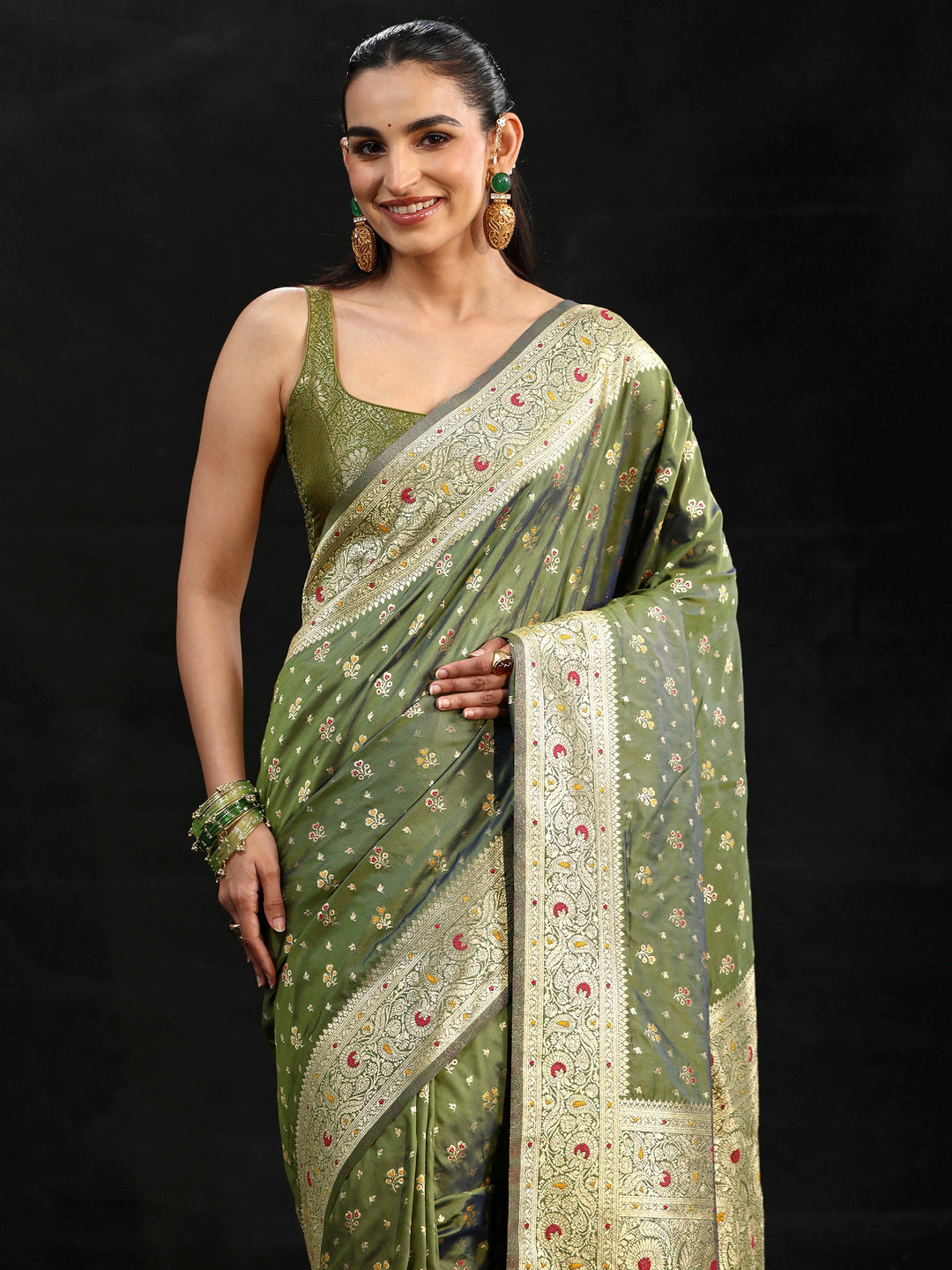  Libas Olive Green Banarasi Silk Blend Saree 