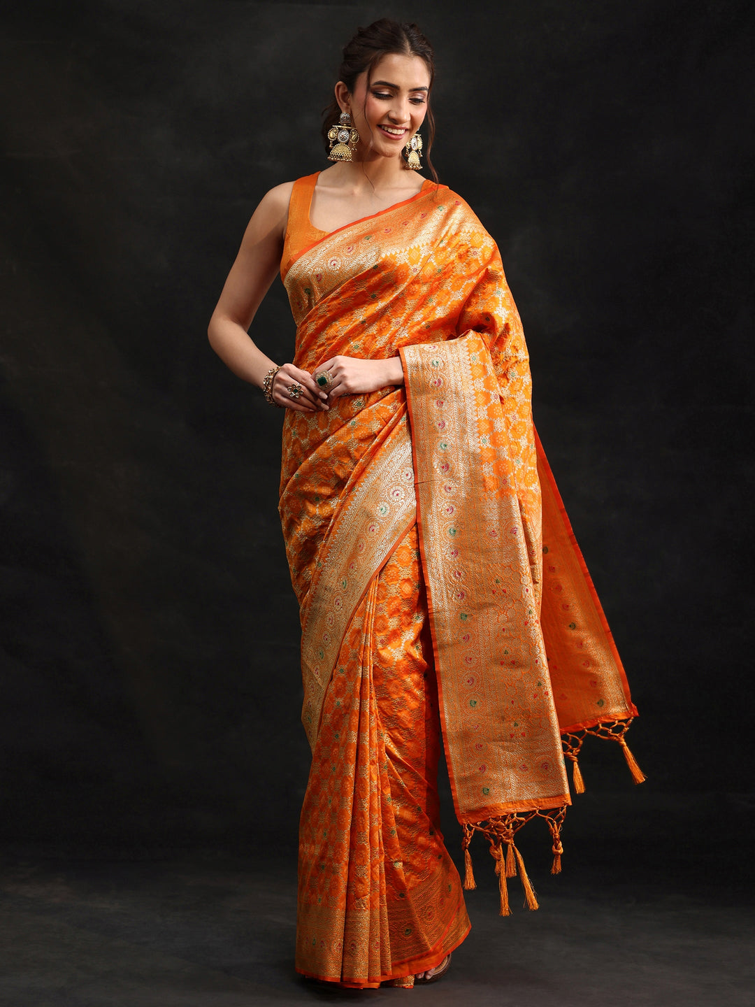  Libas Orange Meenakari Banarasi Silk Blend Saree 