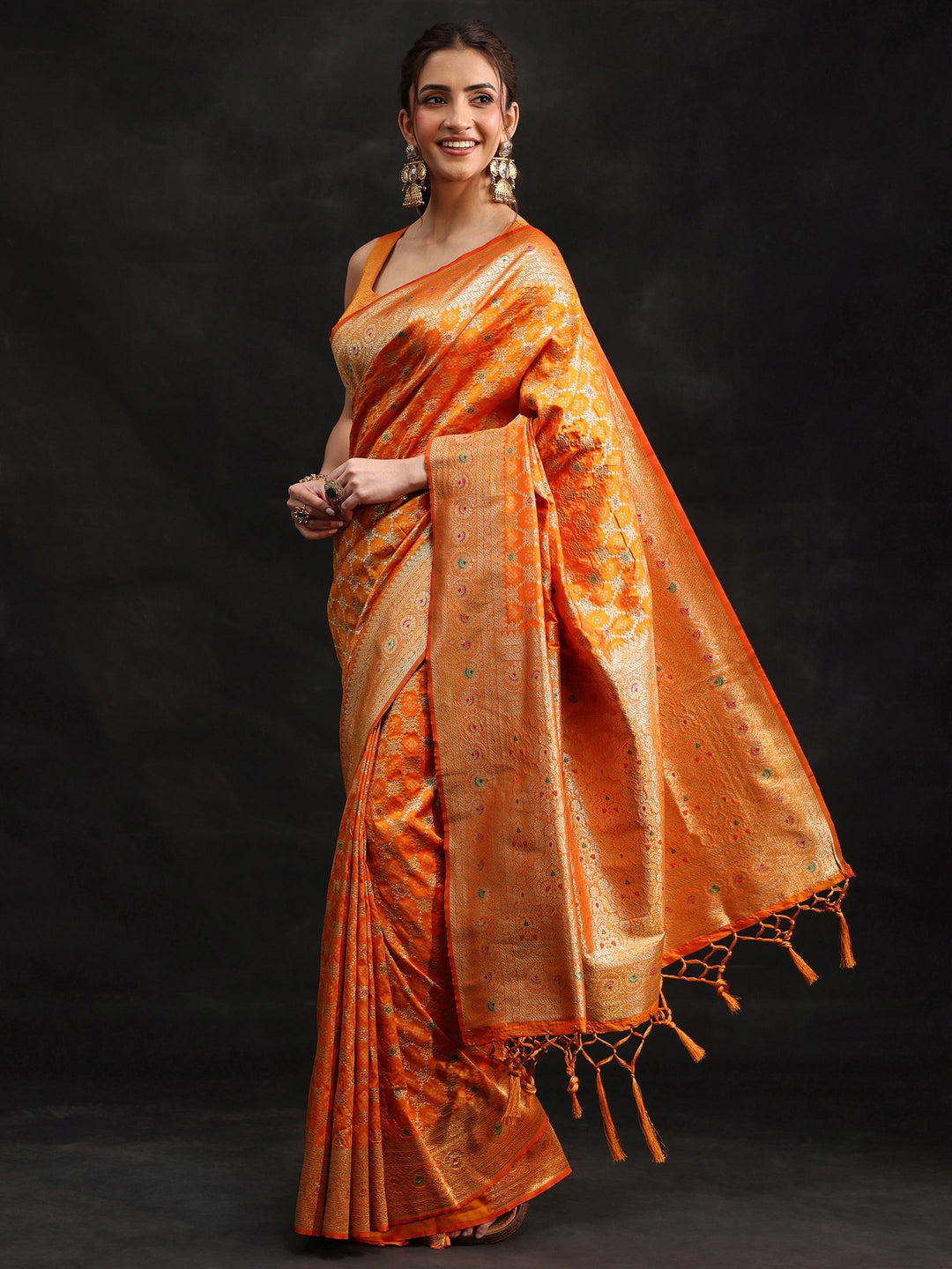  Libas Orange Meenakari Banarasi Silk Blend Saree 