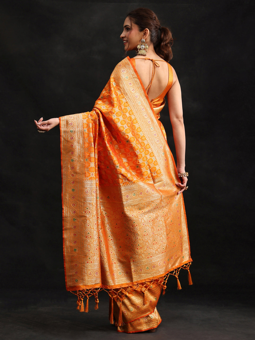  Libas Orange Meenakari Banarasi Silk Blend Saree 