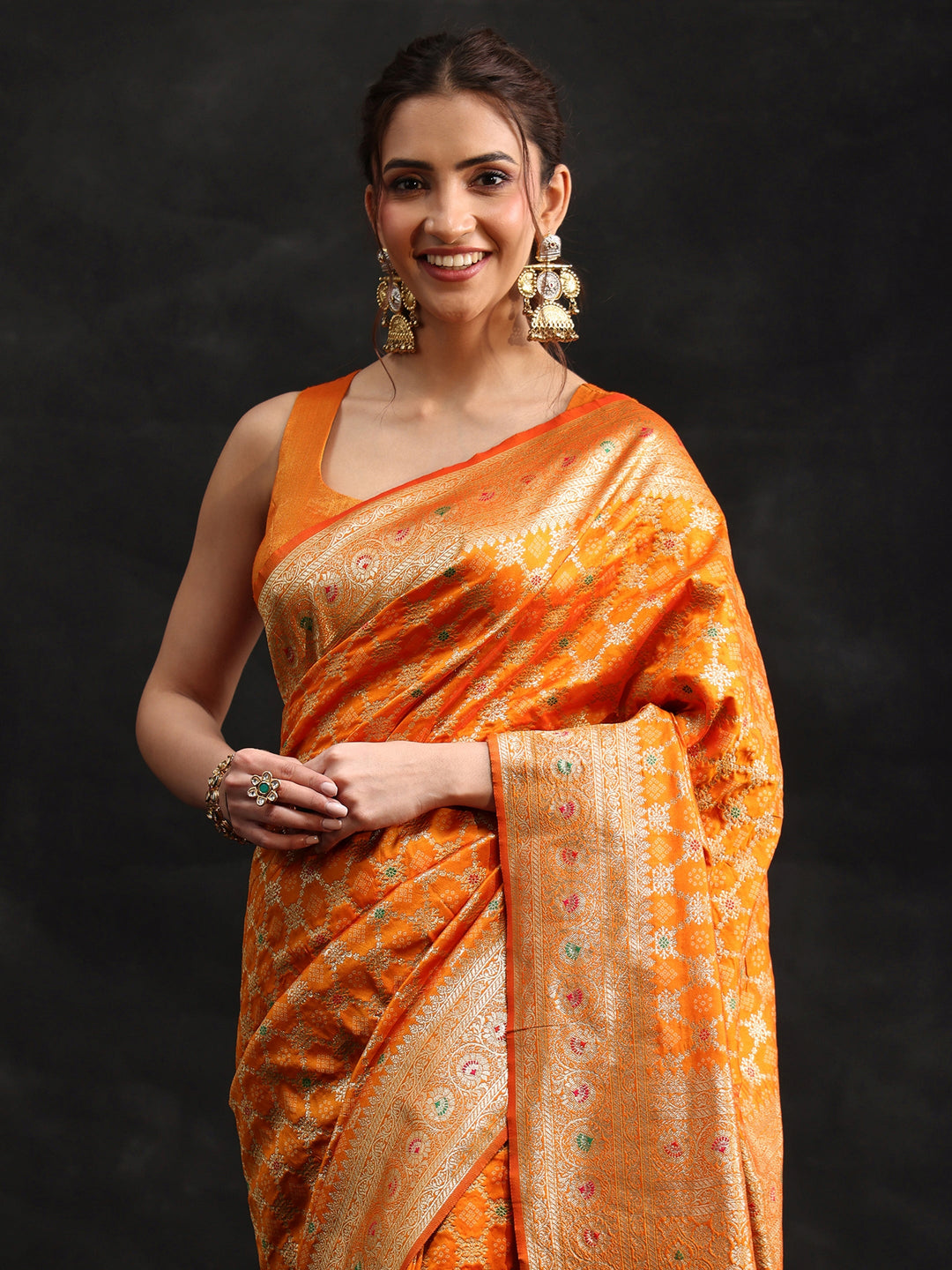  Libas Orange Meenakari Banarasi Silk Blend Saree 