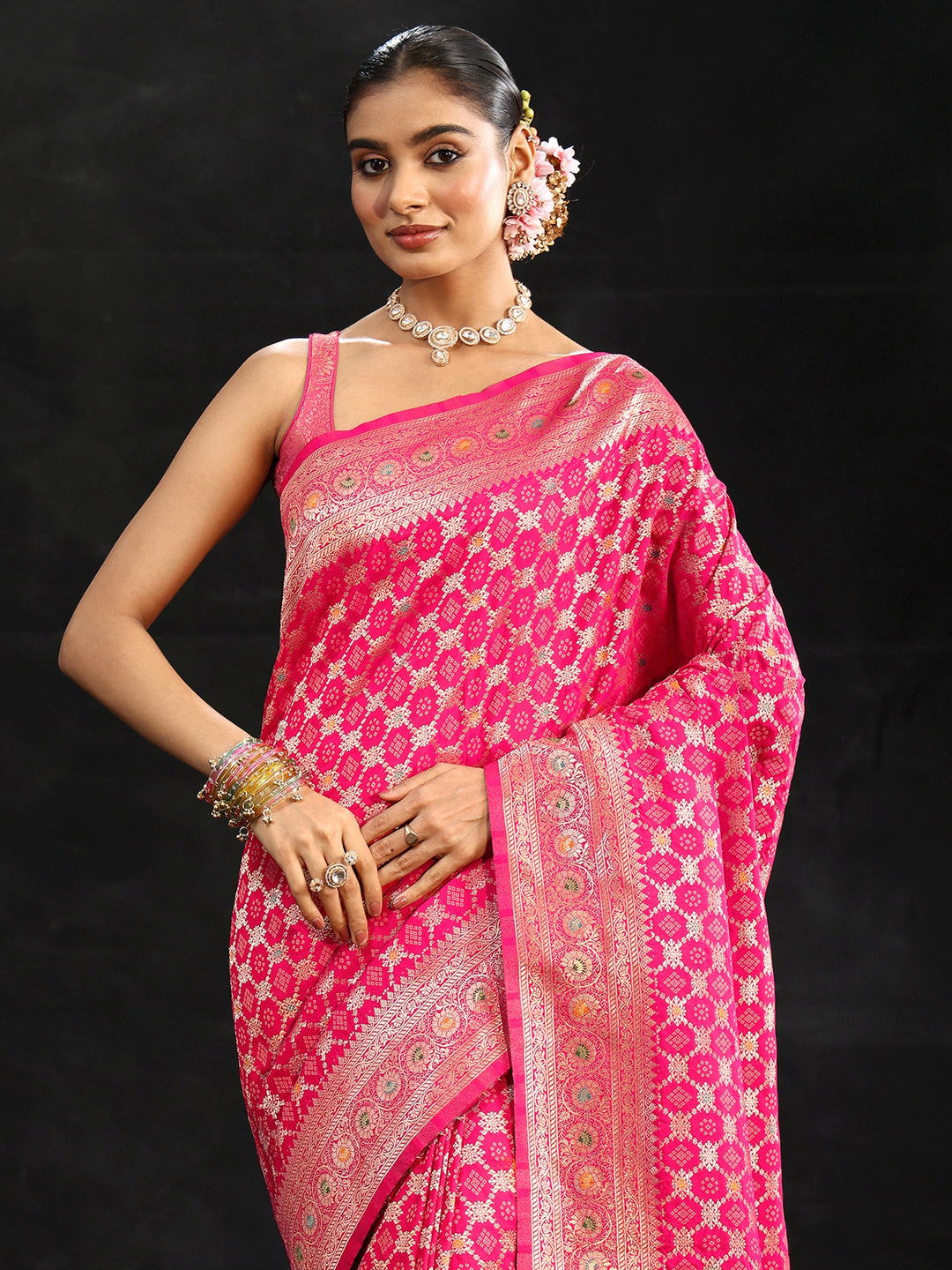  Libas Rani Pink Banarasi Silk Blend Saree 