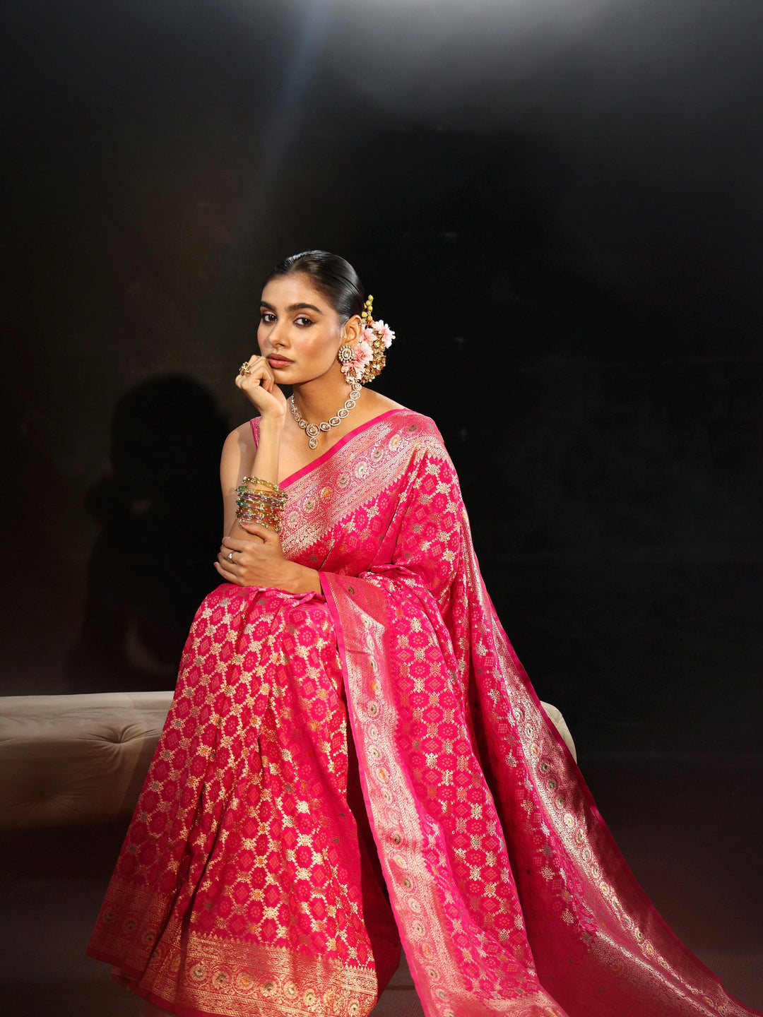  Libas Rani Pink Banarasi Silk Blend Saree 