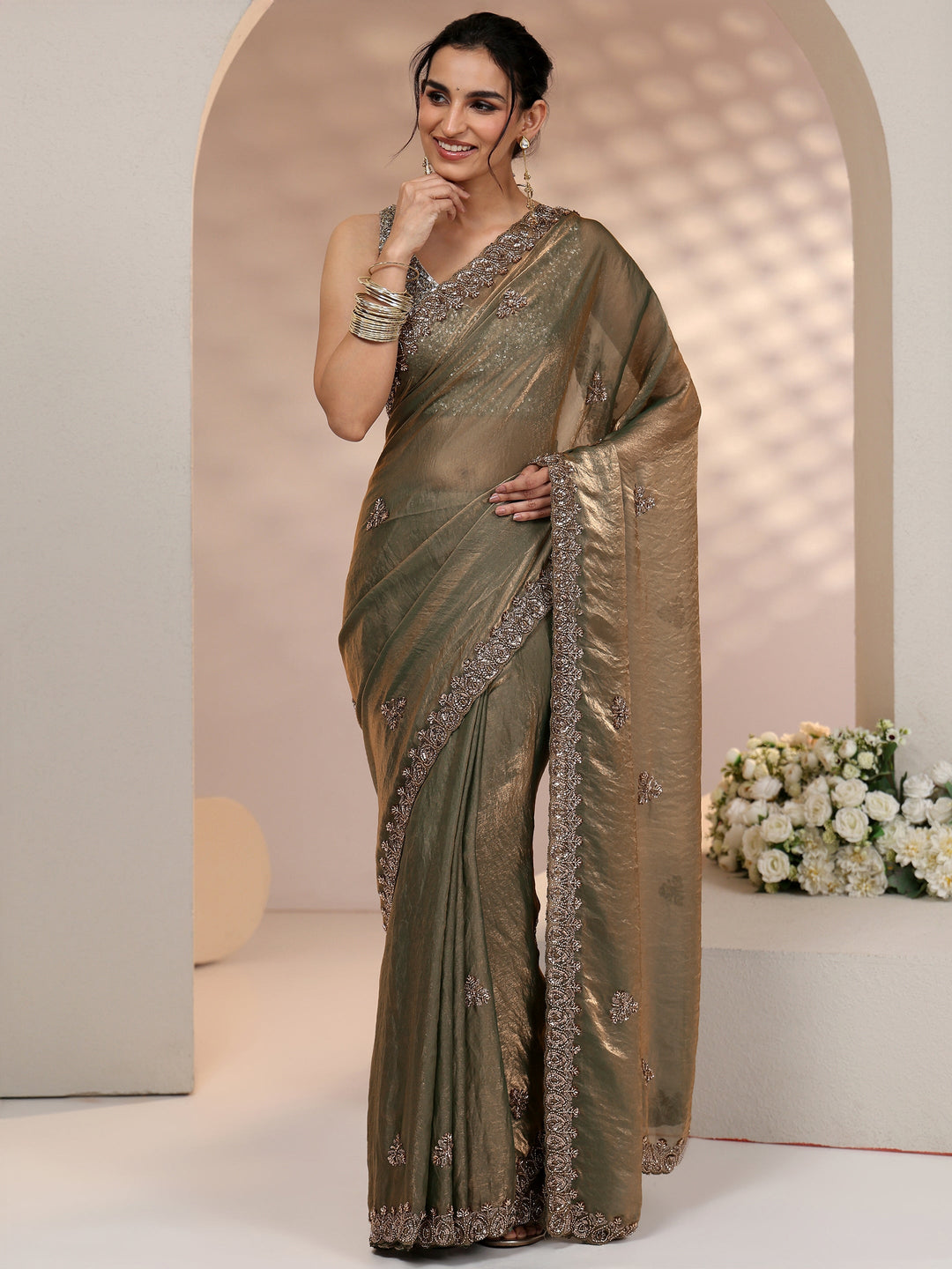  Libas Metallic Olive Green Embellished Tissue Saree 